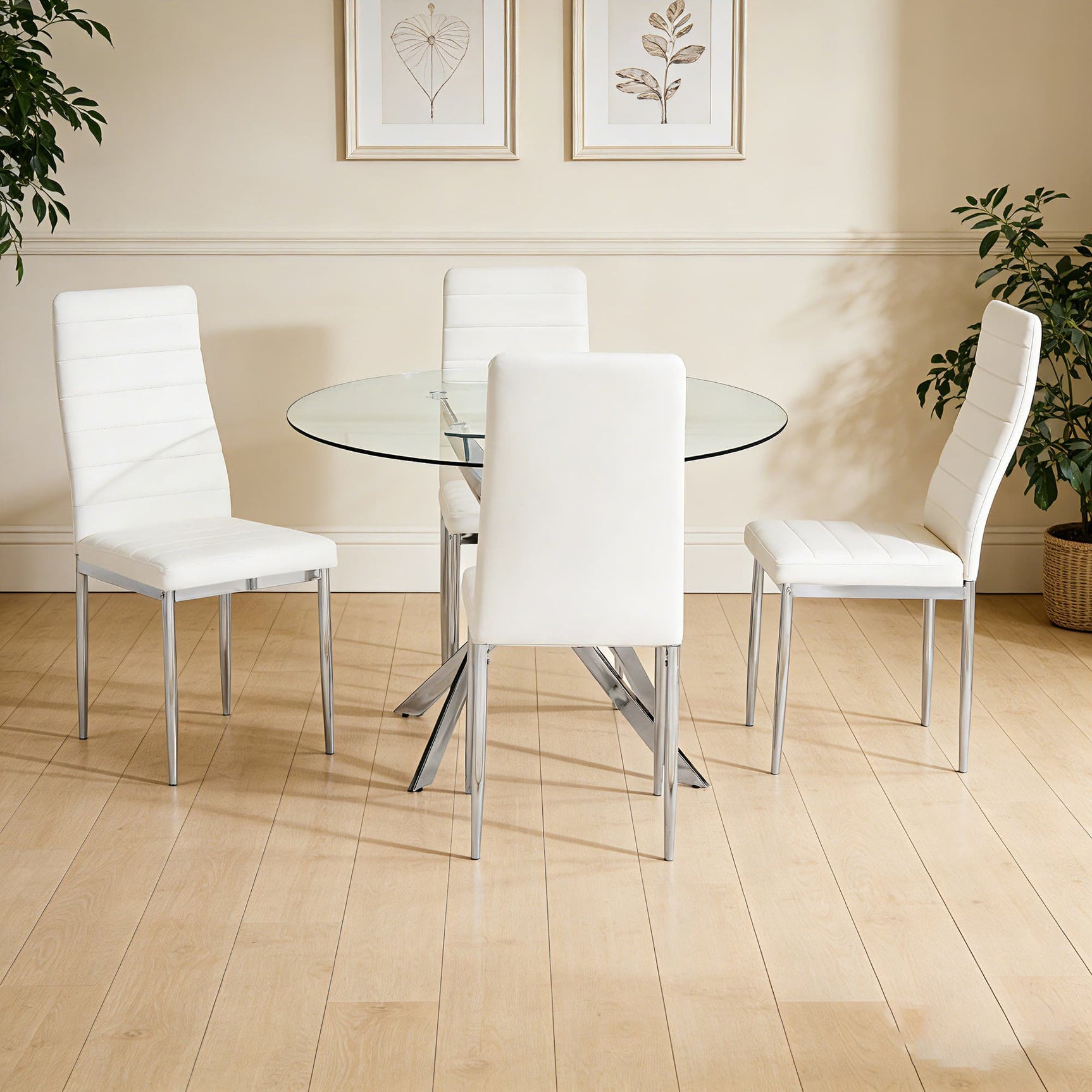Main view of Diane White Round Dining Room Set with glass top table and four chairs
