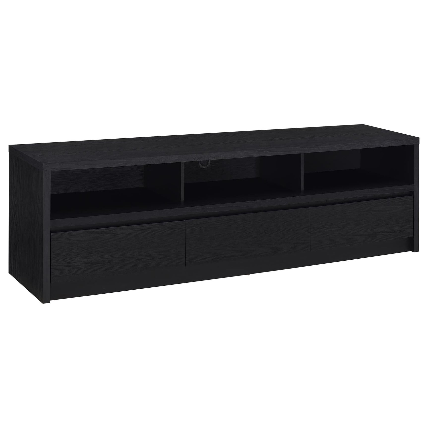 Rutland 78-inch black TV stand with three drawers and open shelves front view