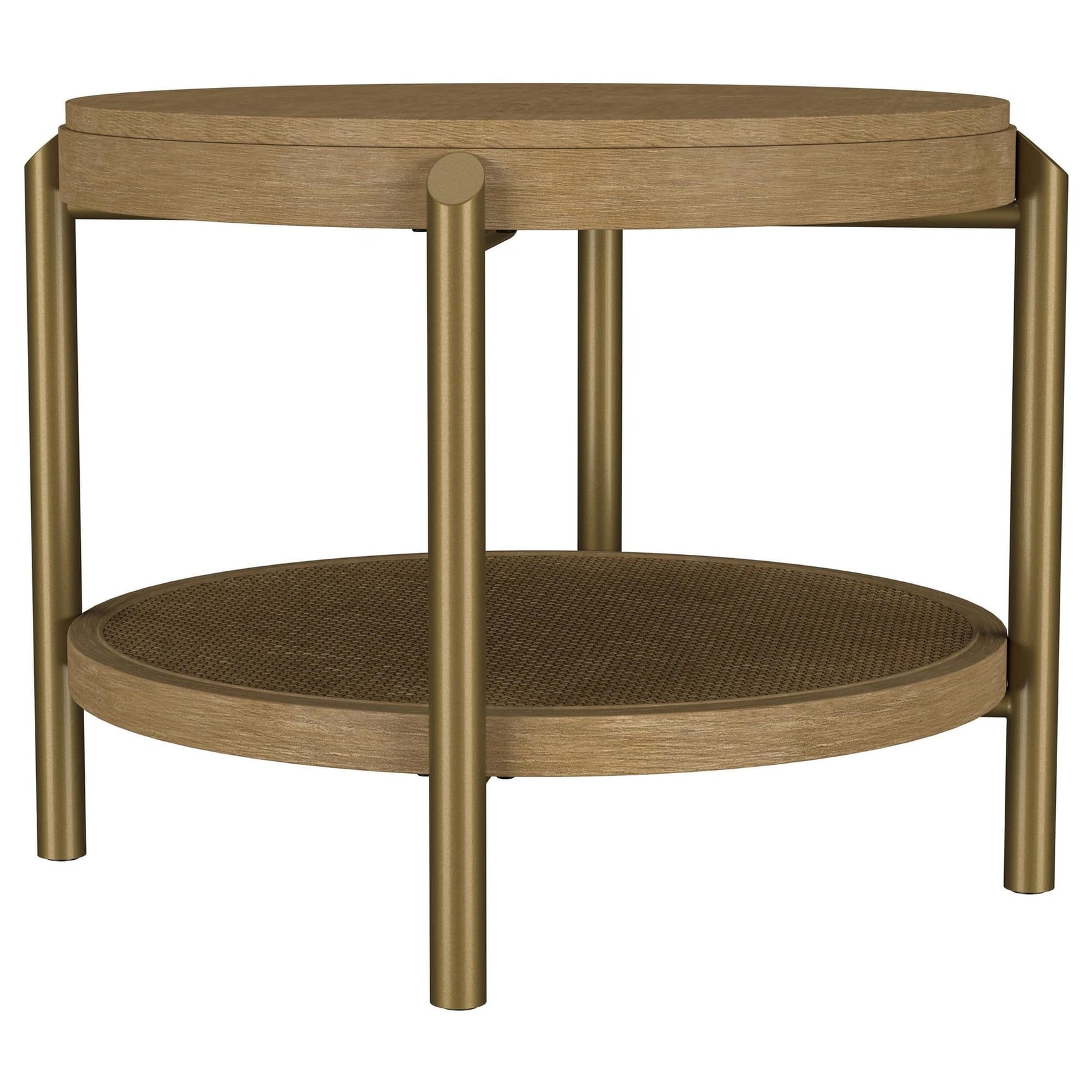 Arini Round End Side Table with storage shelf, sand wash finish, angled front view