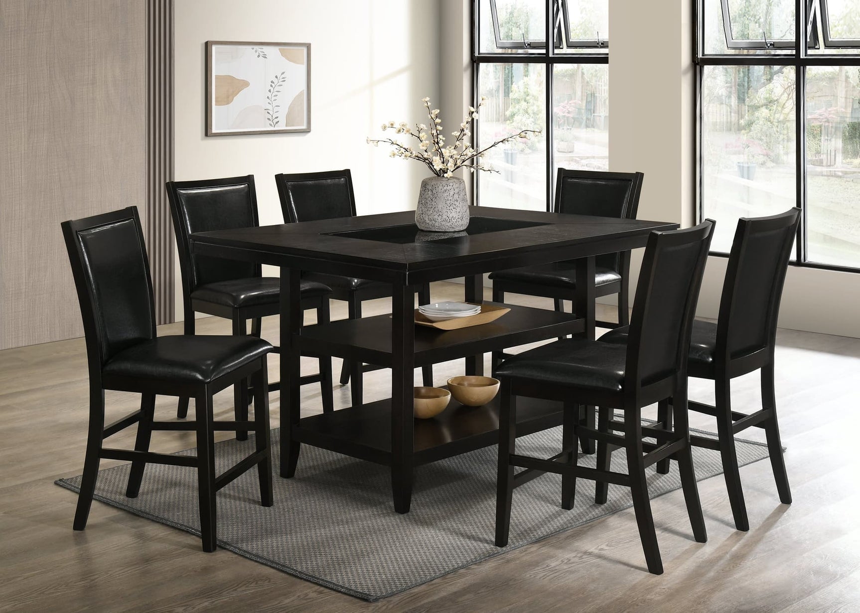 Condor Black Faux Leather Counter Height Dining Set with table and six chairs