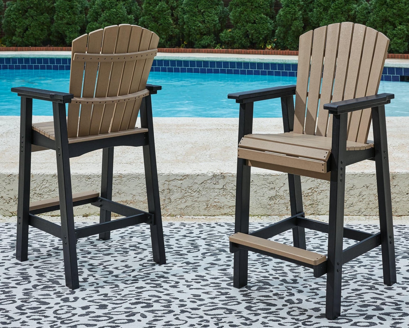 Fairen Trail Outdoor Barstool set, front angle view showing black legs and driftwood seat