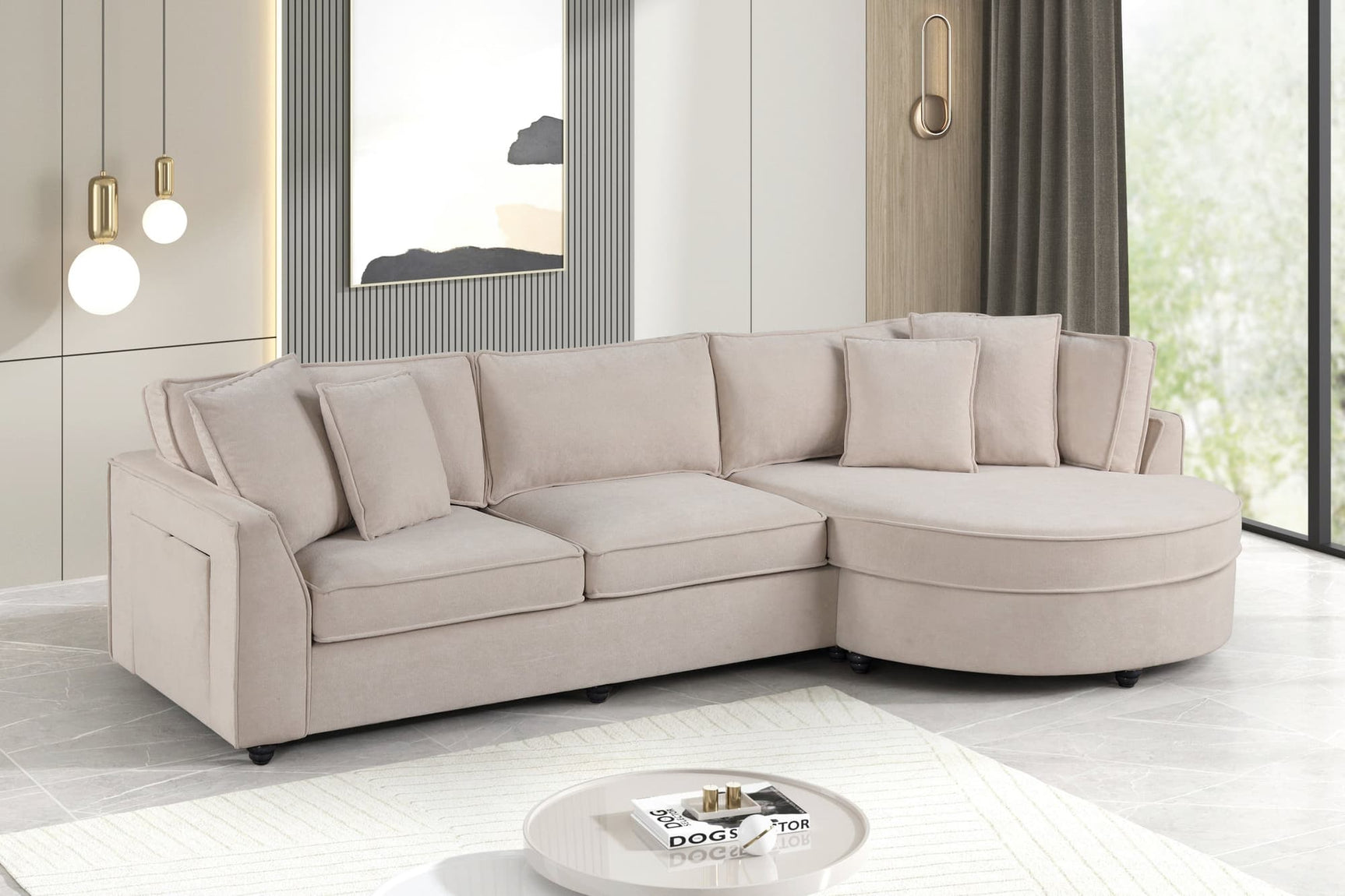 Front view of Elva Beige Sectional Sofa with reversible chaise in beige fabric