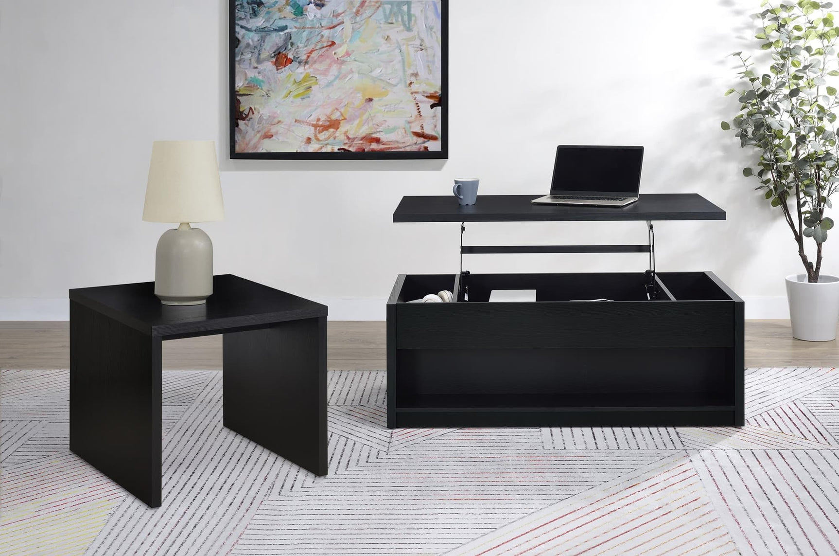 Knapp 2-piece lift top coffee table set in black, front angle