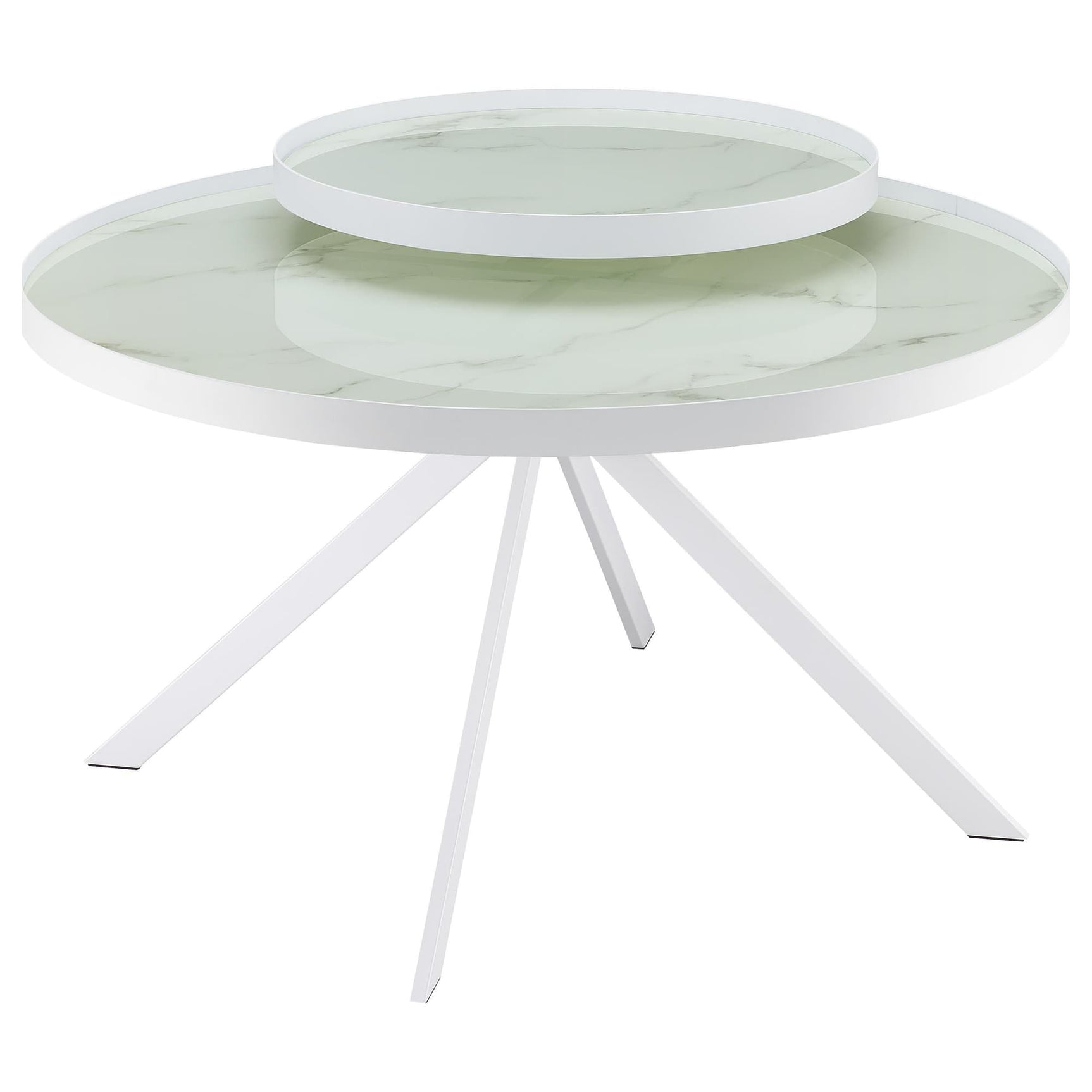 Briggs round coffee table with white metal frame and marble printed glass top