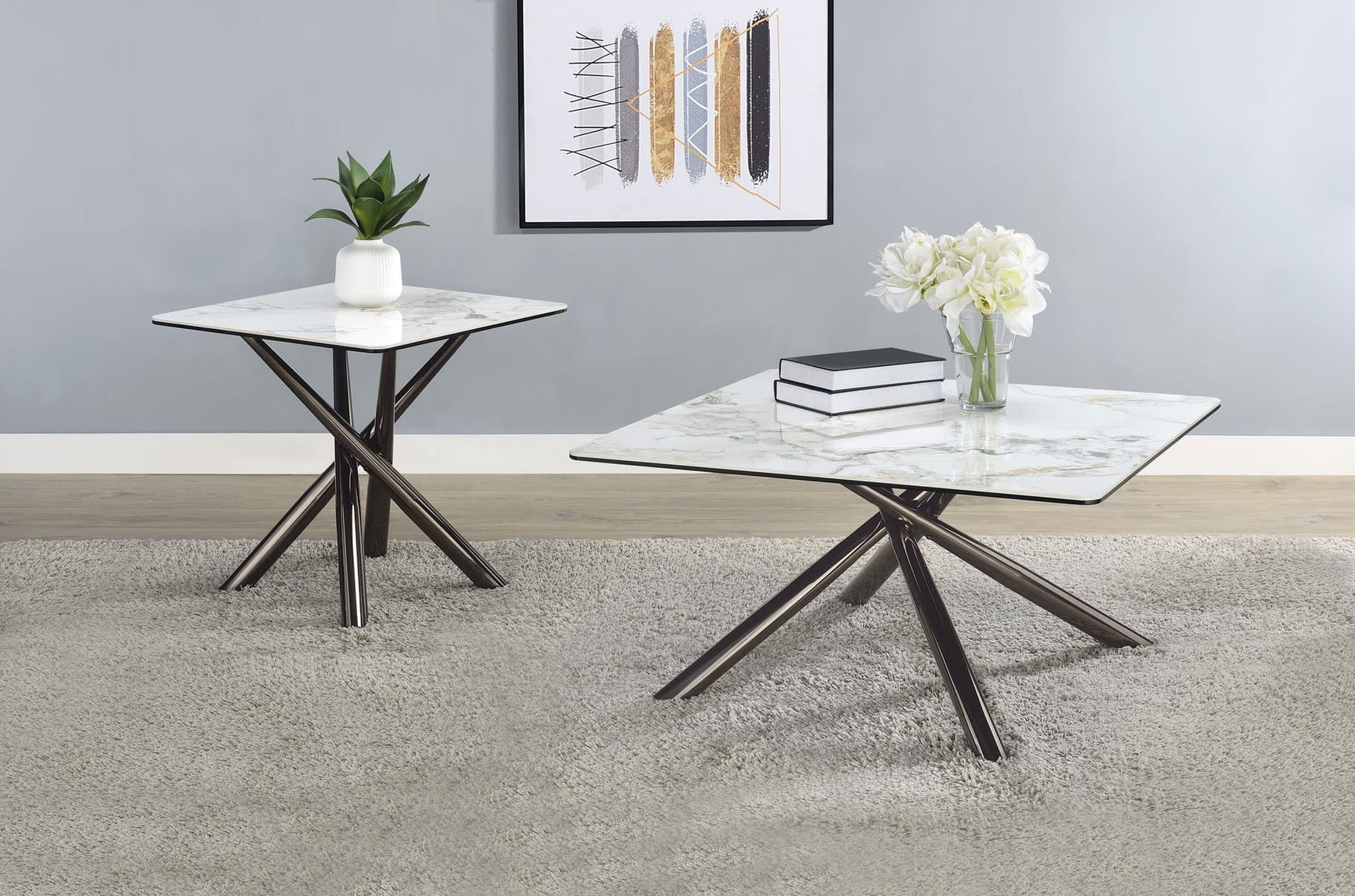 Carvell coffee table with sintered stone and black glass top showing front angle