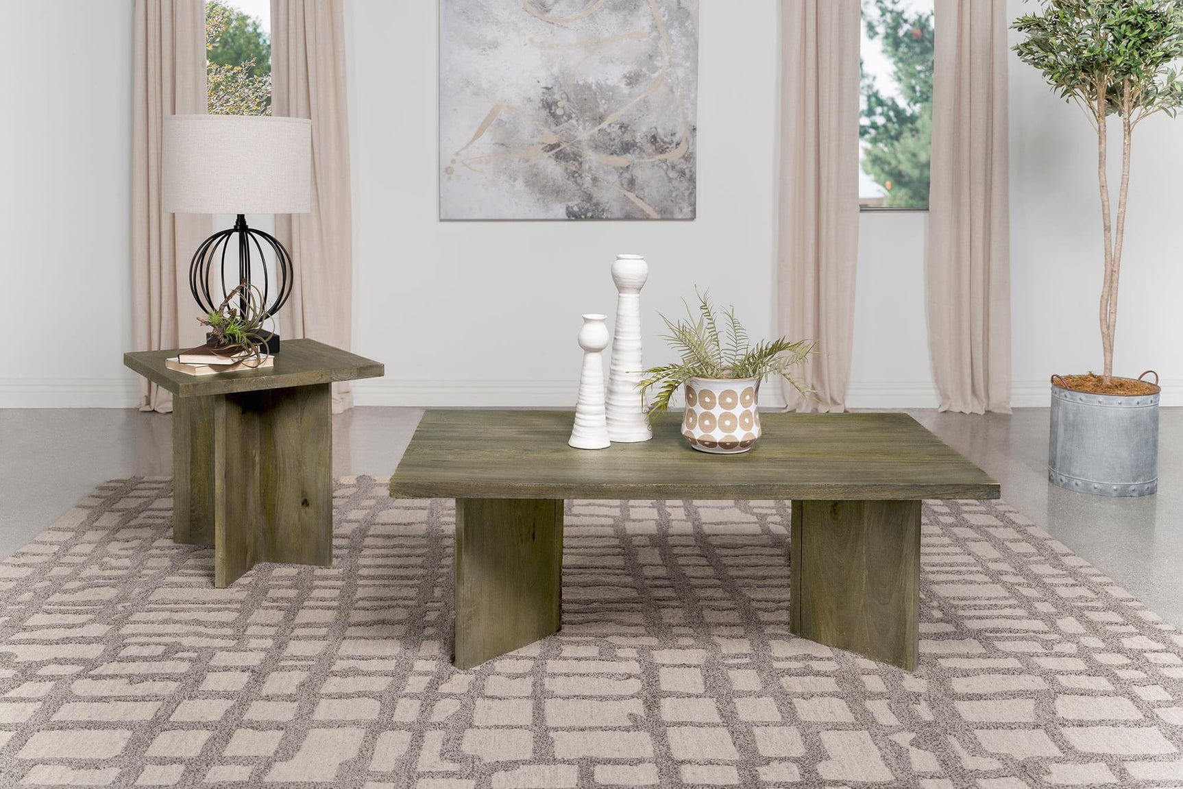 Andando 2-piece Mango Wood Coffee and End Table Set with coffee table angled front view