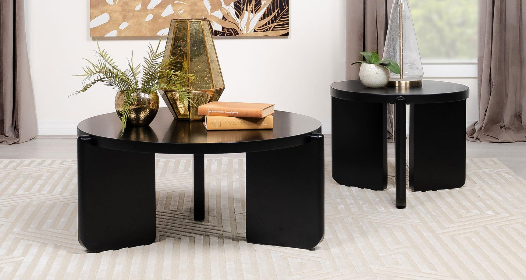 Cordova black solid wood coffee and end table set, front angle