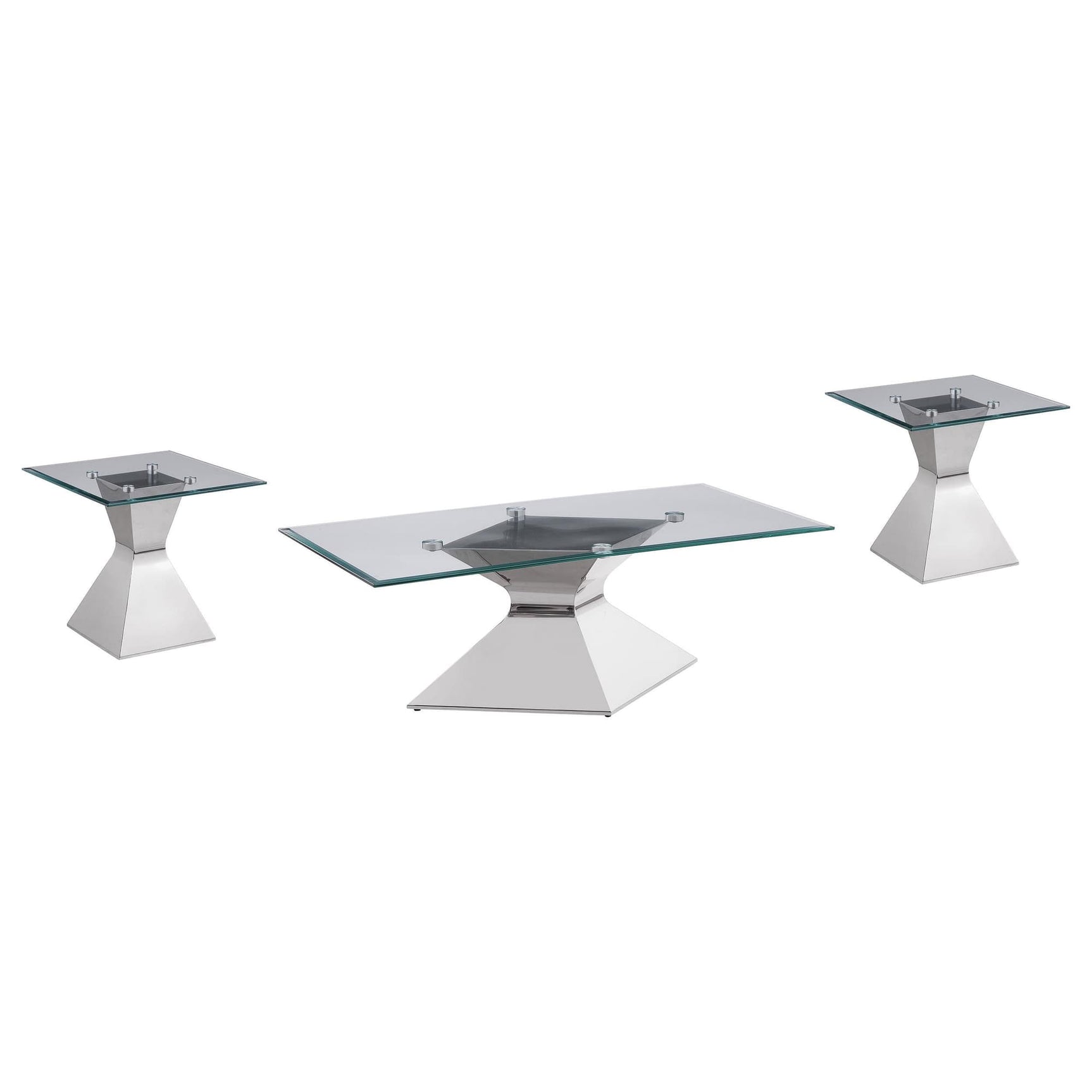 Jenny 3-piece rectangular coffee and end table set in chrome with glass tops, front view