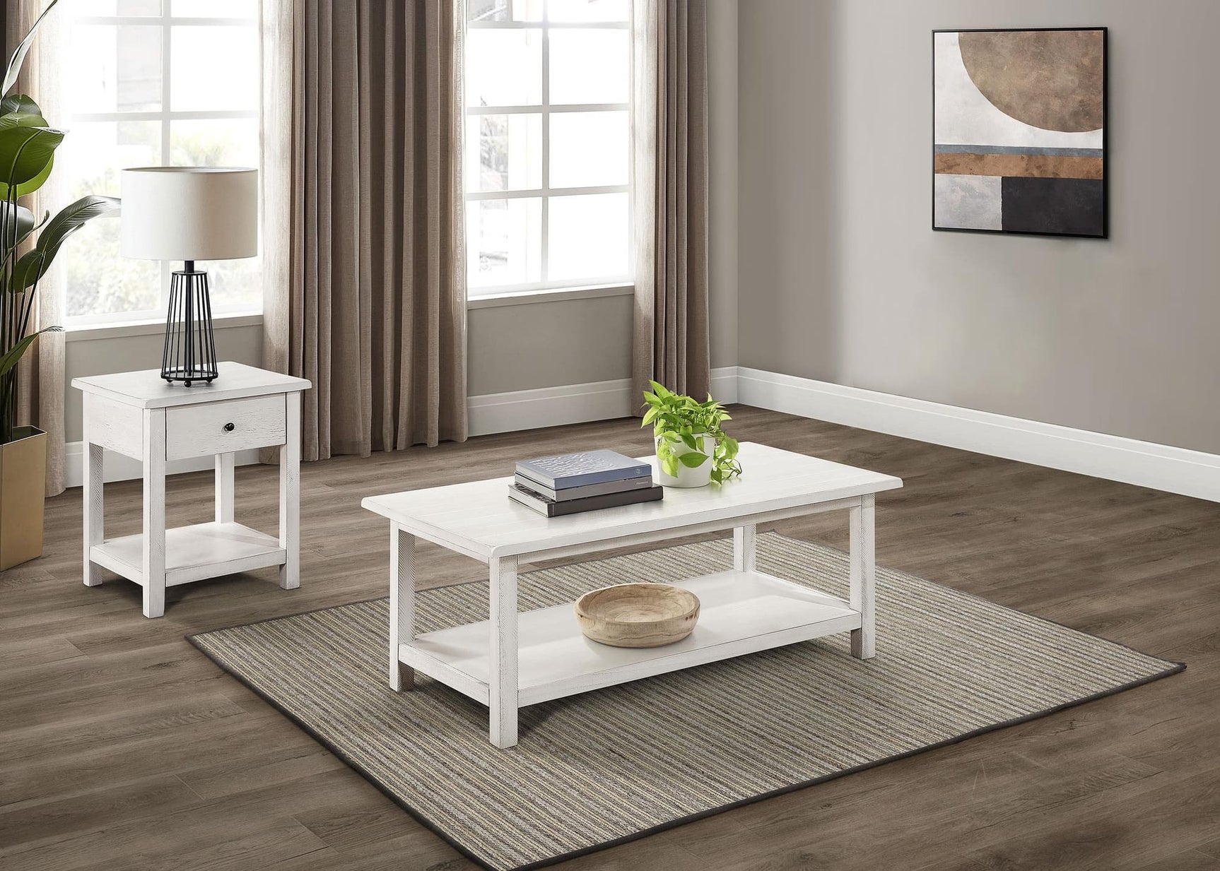 Payne 2-piece white coffee table and 1-drawer end table set front view