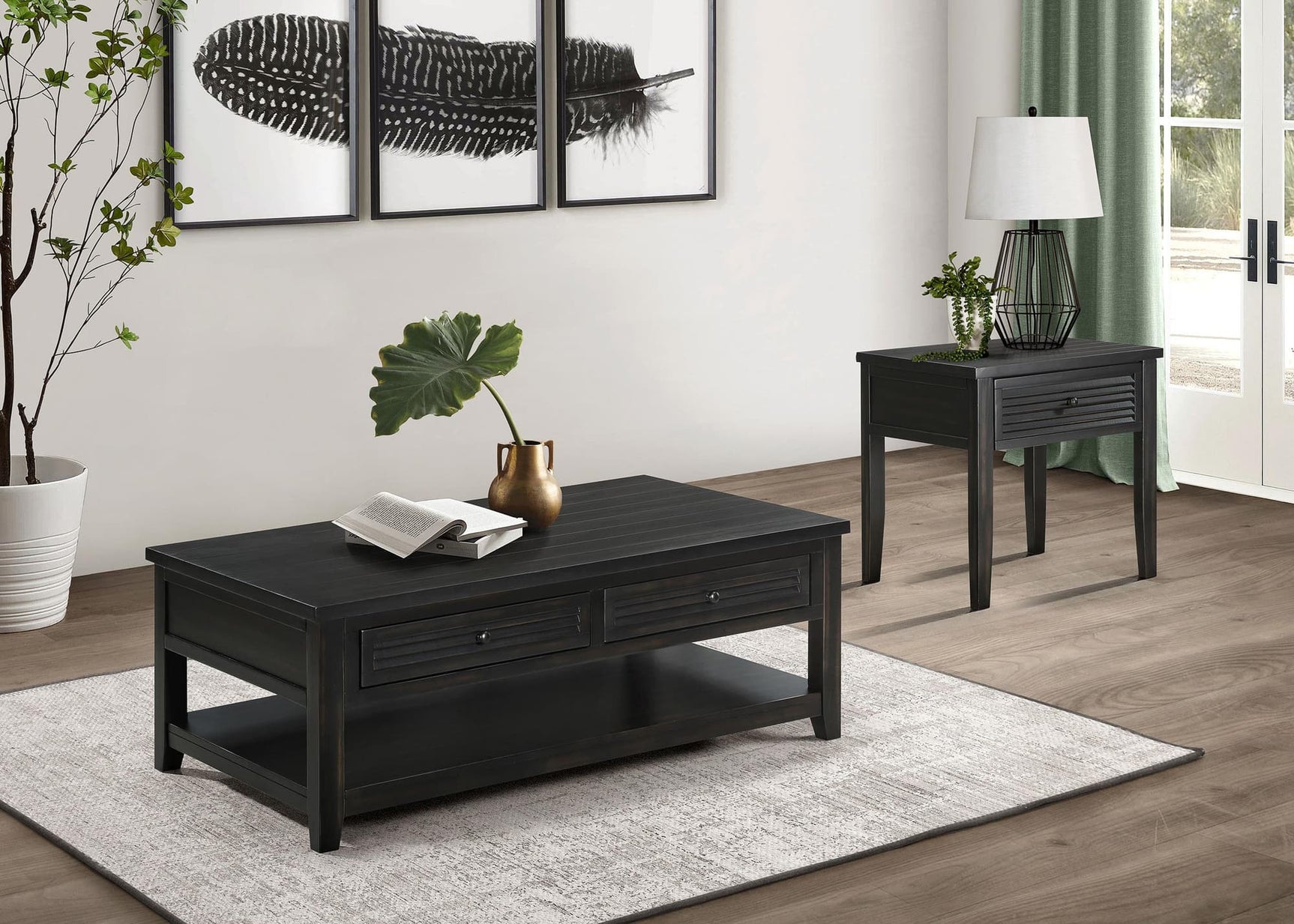 Concord 2-piece coffee and end table set in distressed java finish, front view