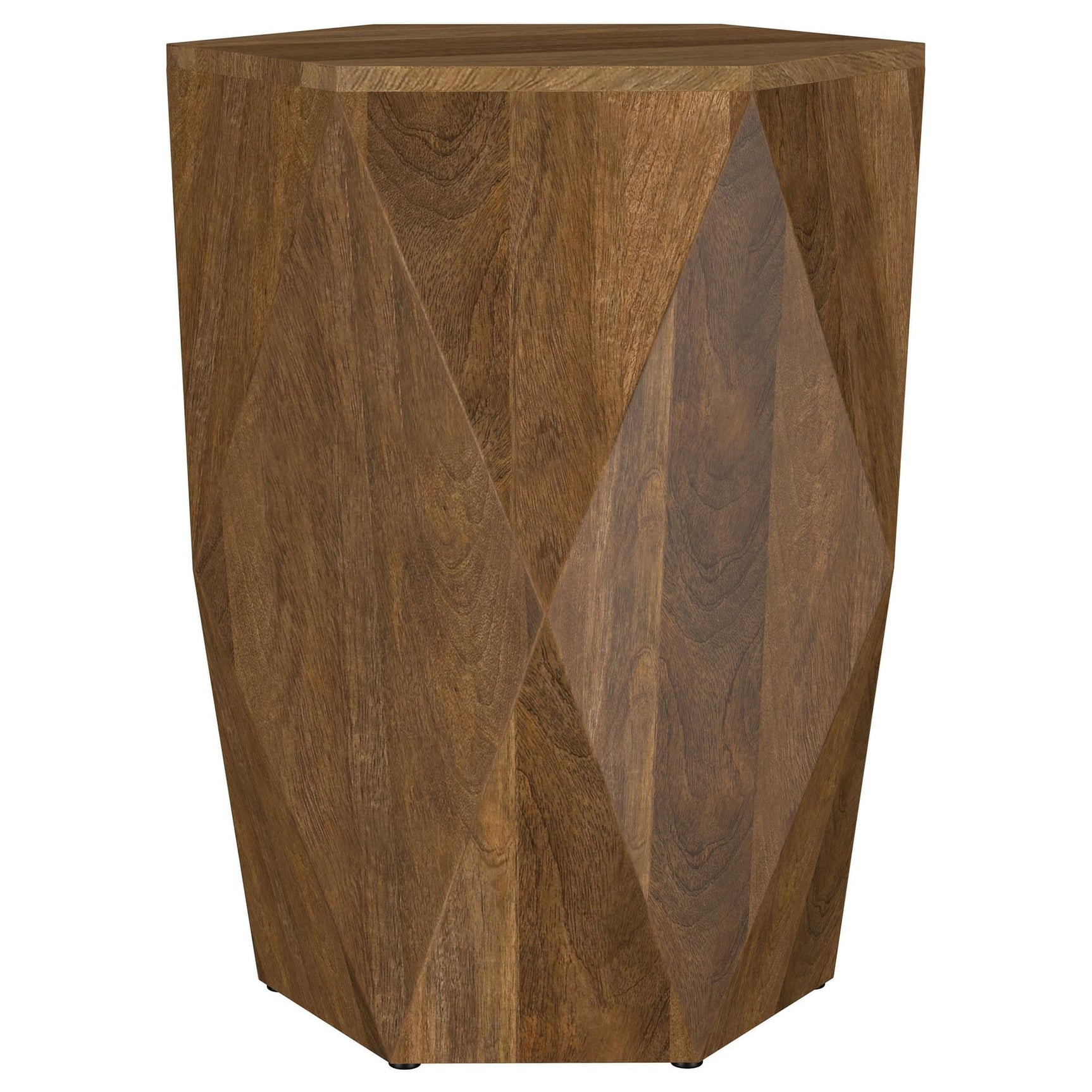 Front angle of Zalika hexagonal mango wood end table showcasing natural brown finish
