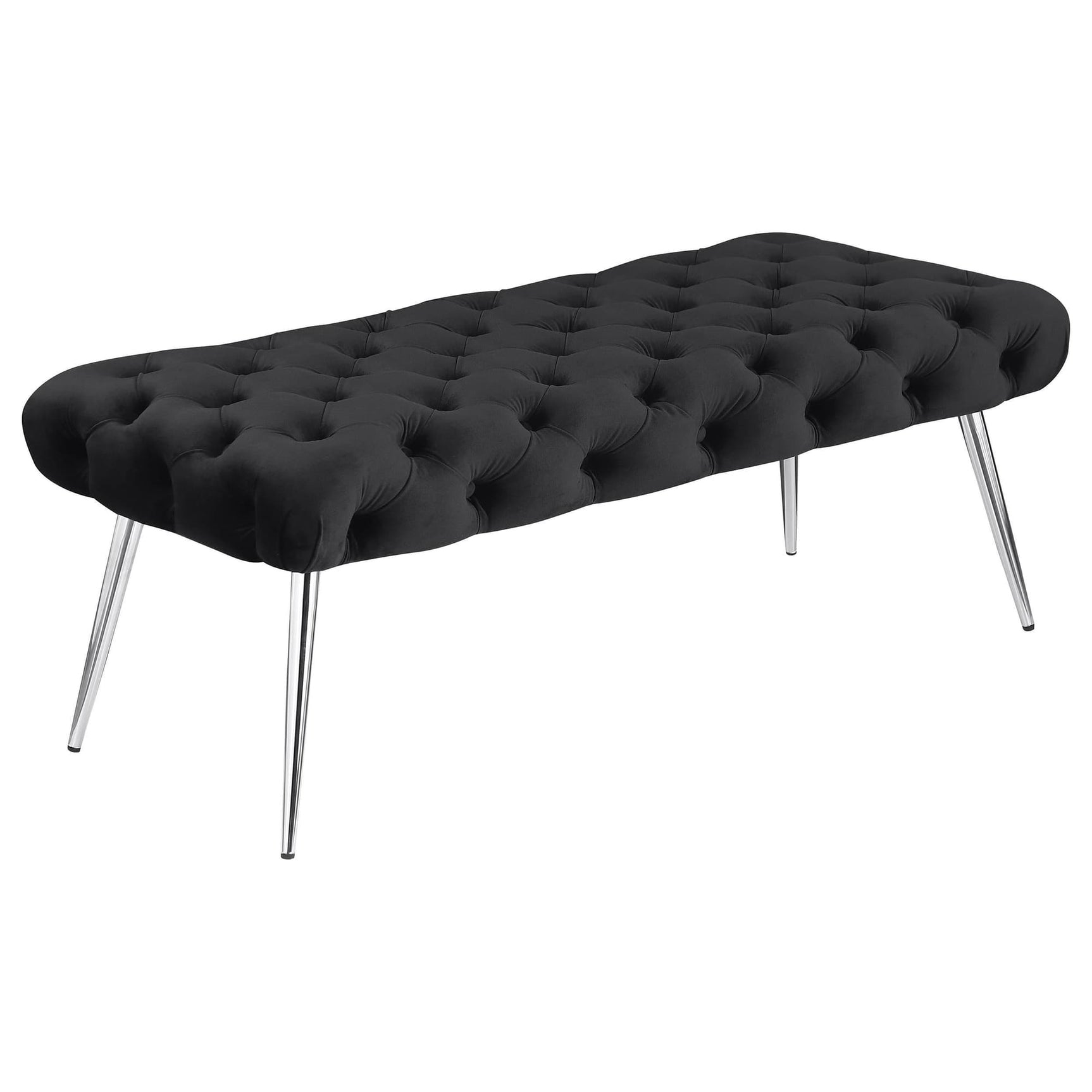 Ella black upholstered tufted bench with stainless steel legs, front view