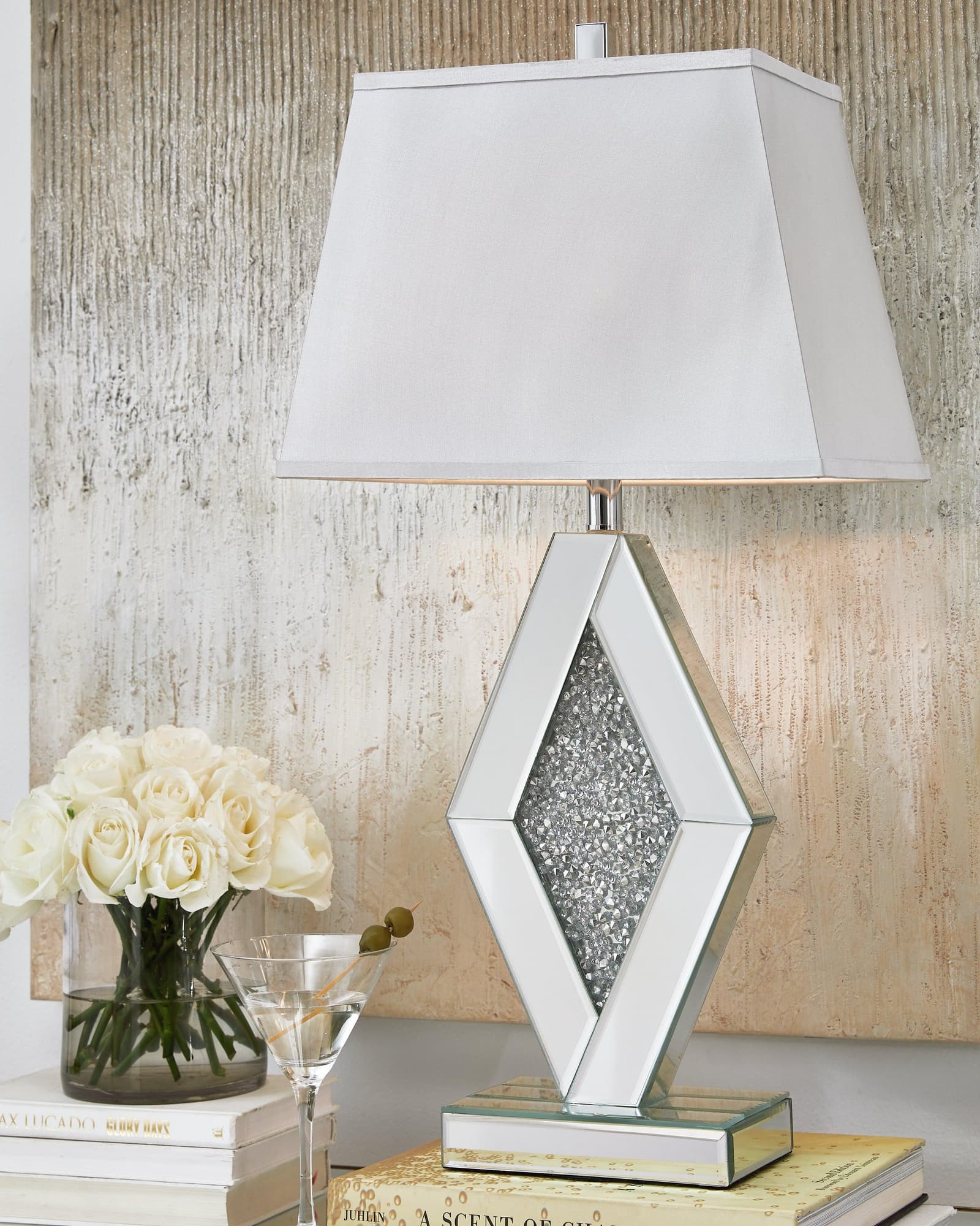 Prunella silver finish glass and crystal table lamp front view