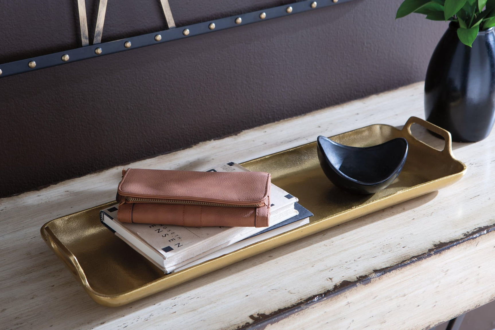 Posy decorative tray with goldtone cast aluminum finish top angle