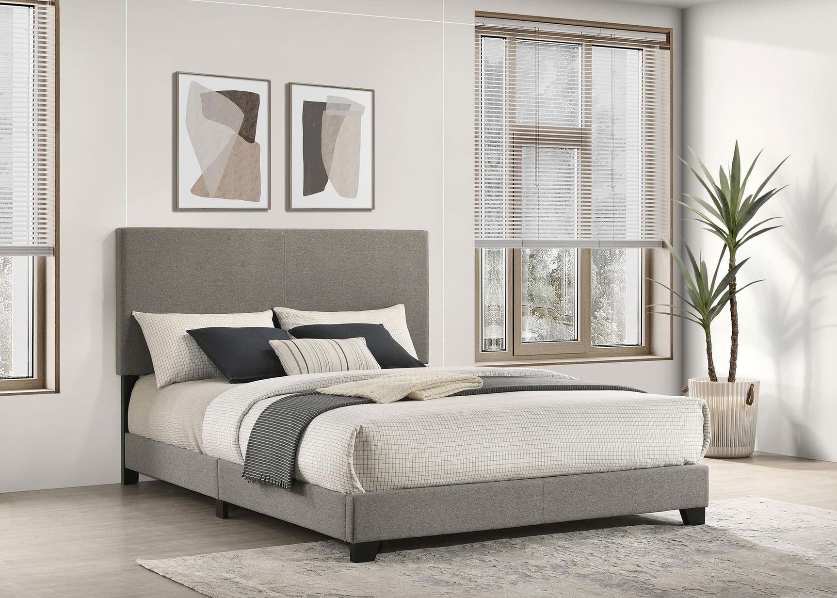 Dorian taupe fabric upholstered queen panel bed front angle