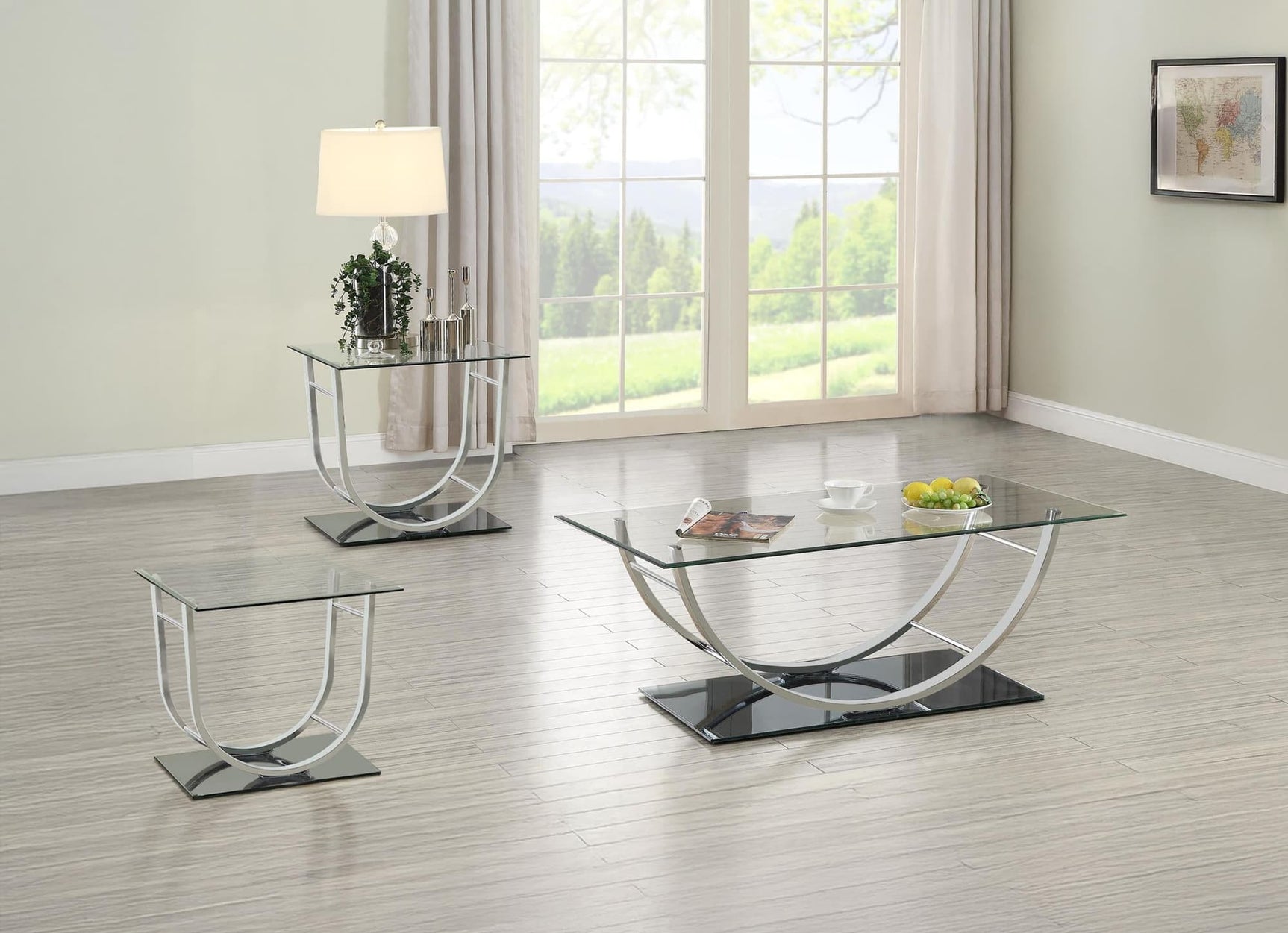 Danville 3-piece glass top coffee and end table set chrome front view