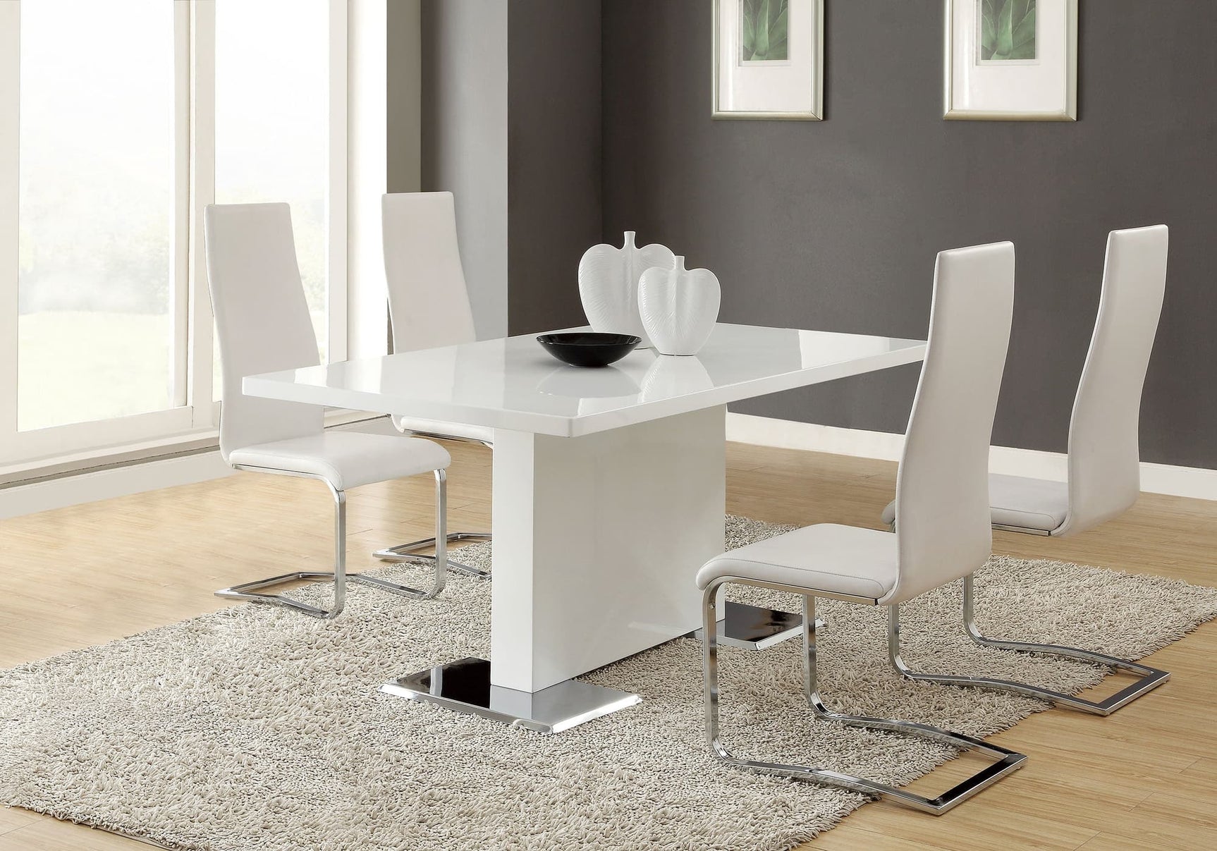 Anges White High Gloss Dining Room Set main view with table and chairs
