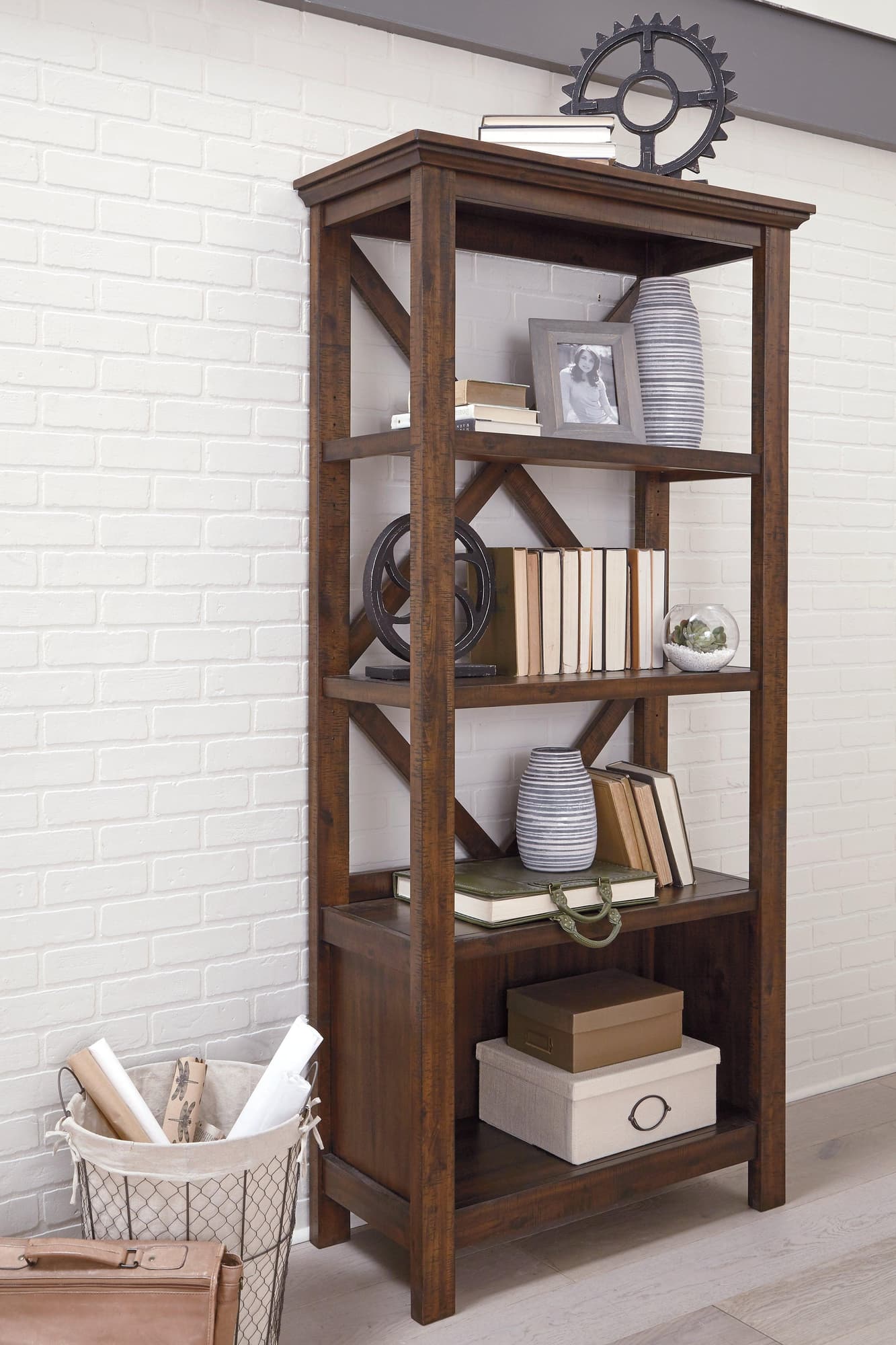 Baldridge Rustic Brown 75 inch wood bookcase front view