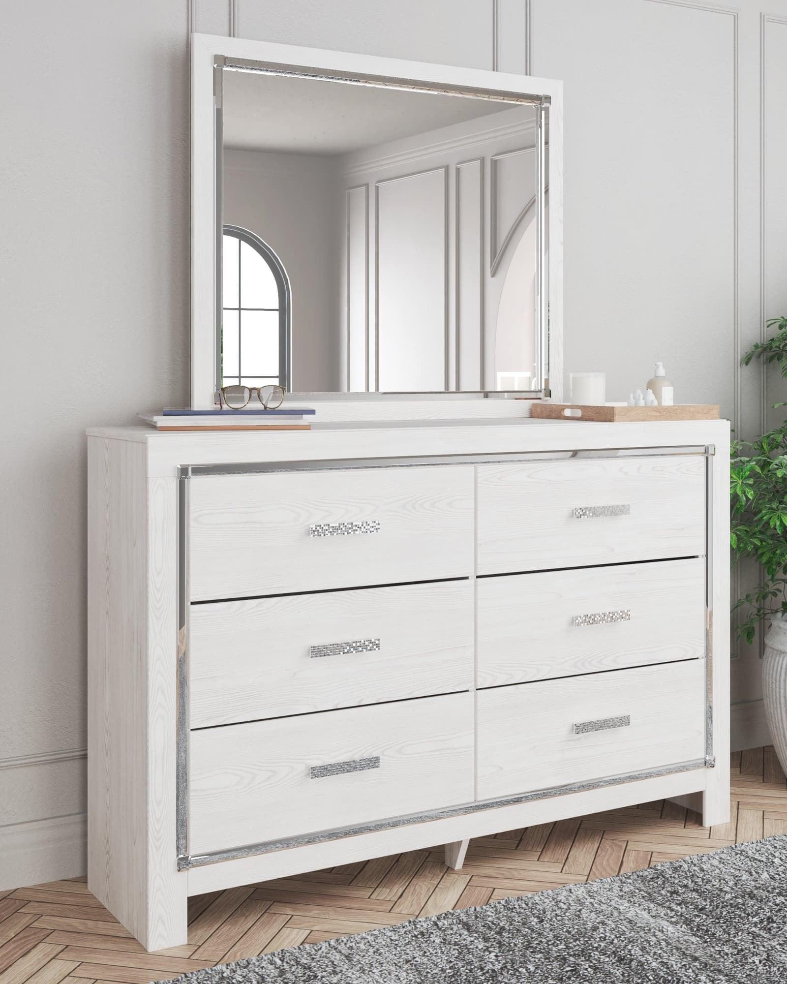 Altyra White Dresser with mirror angled view