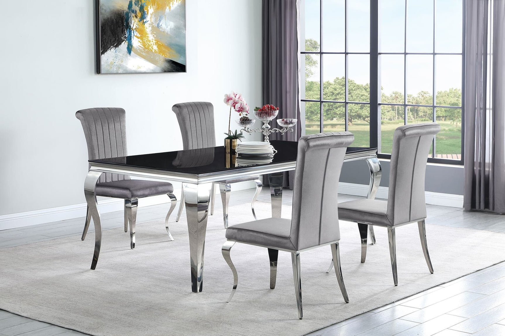 Main view of Carone Black Grey 81-inch Rectangular Glass Dining Room Set with table and 4 chairs