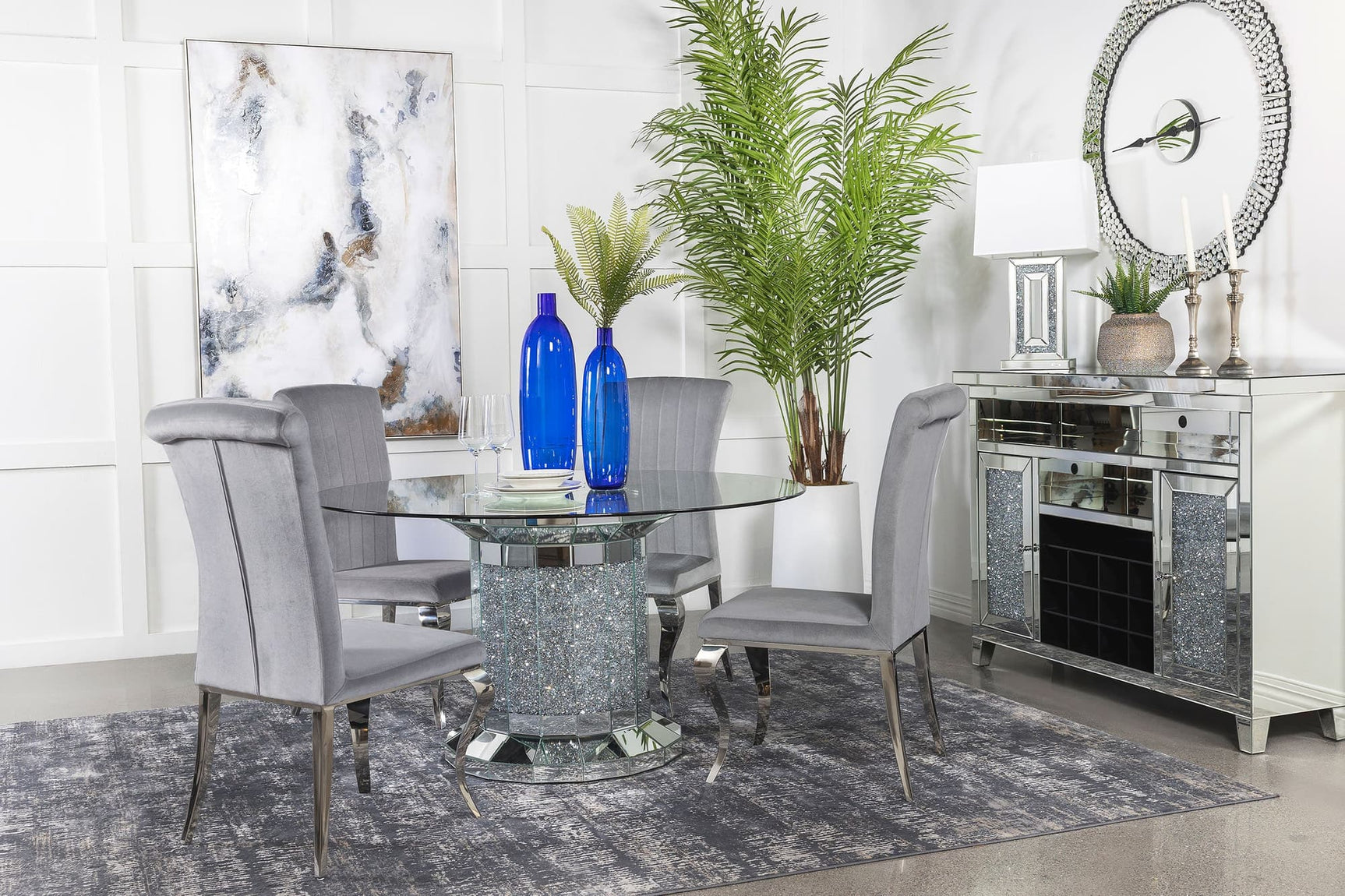 Main view of Ellie Grey Mirrored Pedestal Dining Room Set dining table and chairs