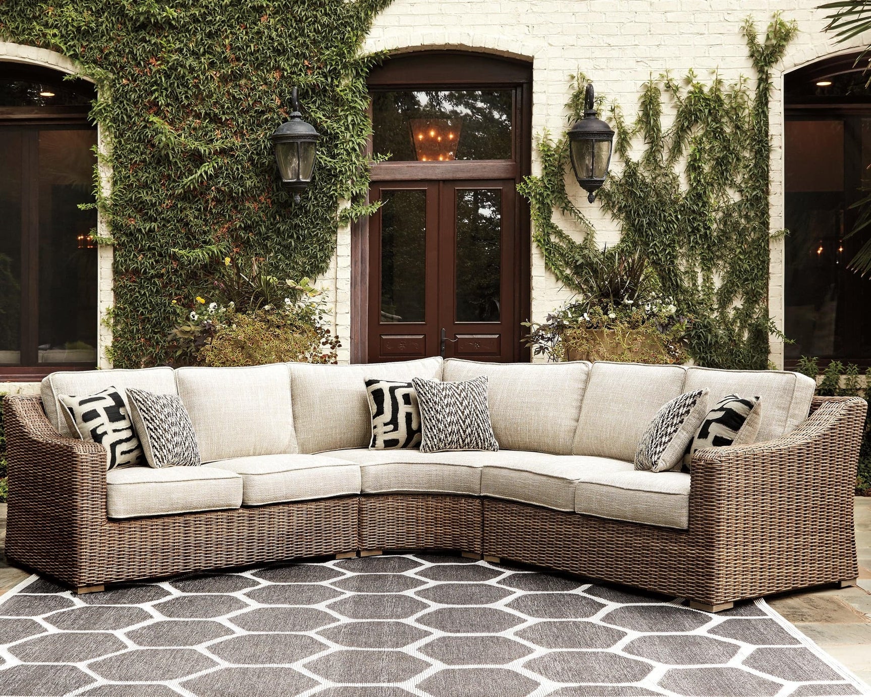 Beachcroft Beige 3-Piece Outdoor Sectional Seating Set angled front view