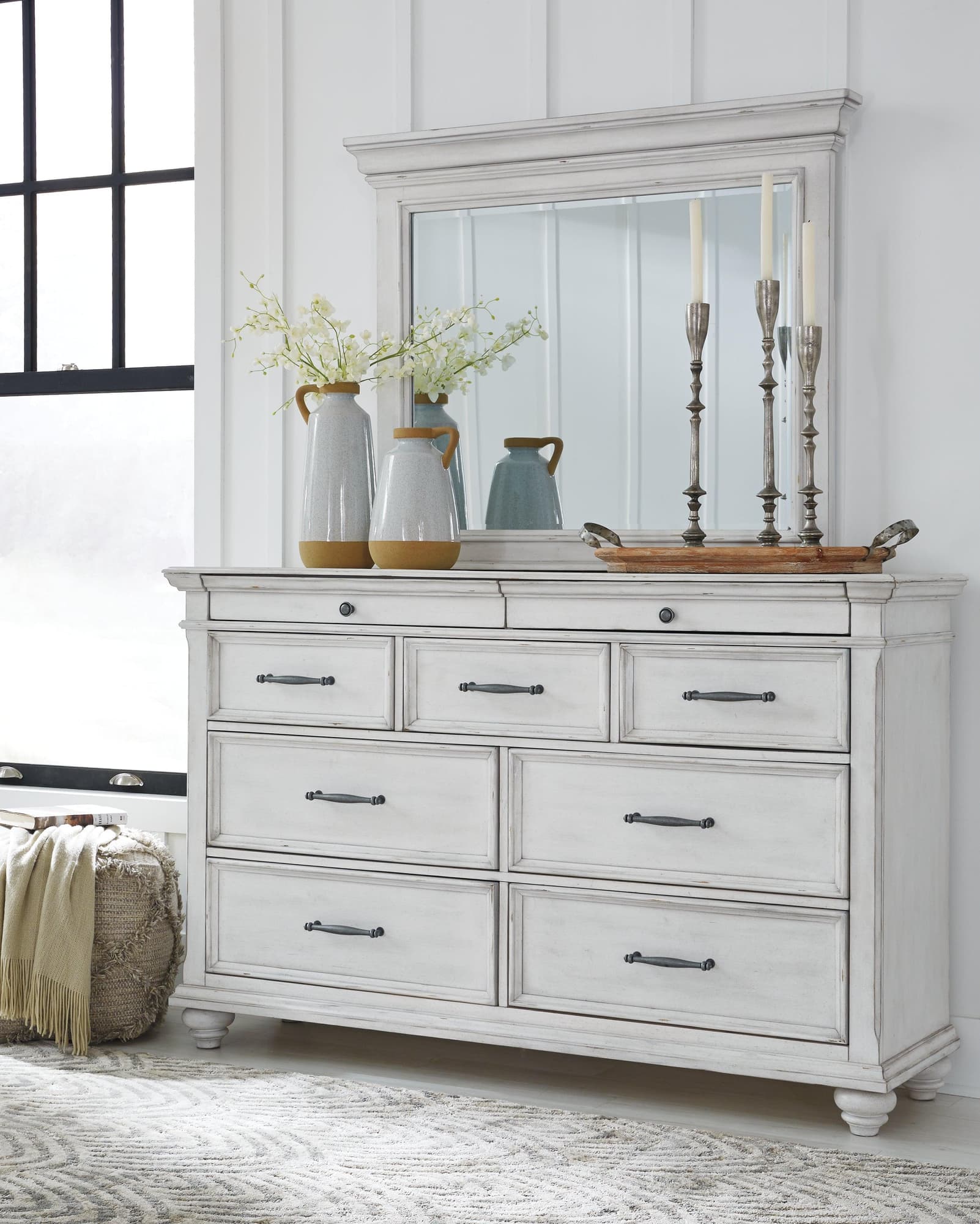 Kanwyn whitewash dresser and mirror angled view