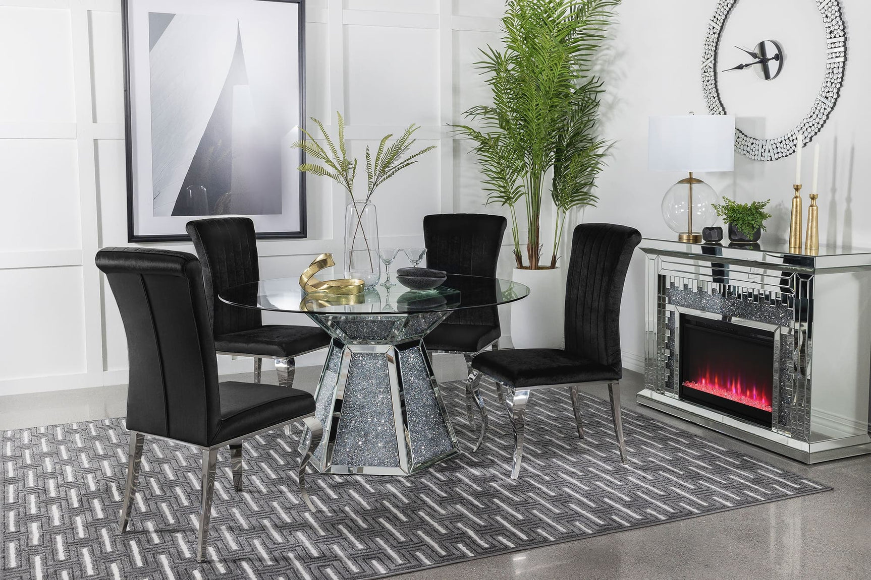 Quinn black round glass top dining table with mirrored accents, main view