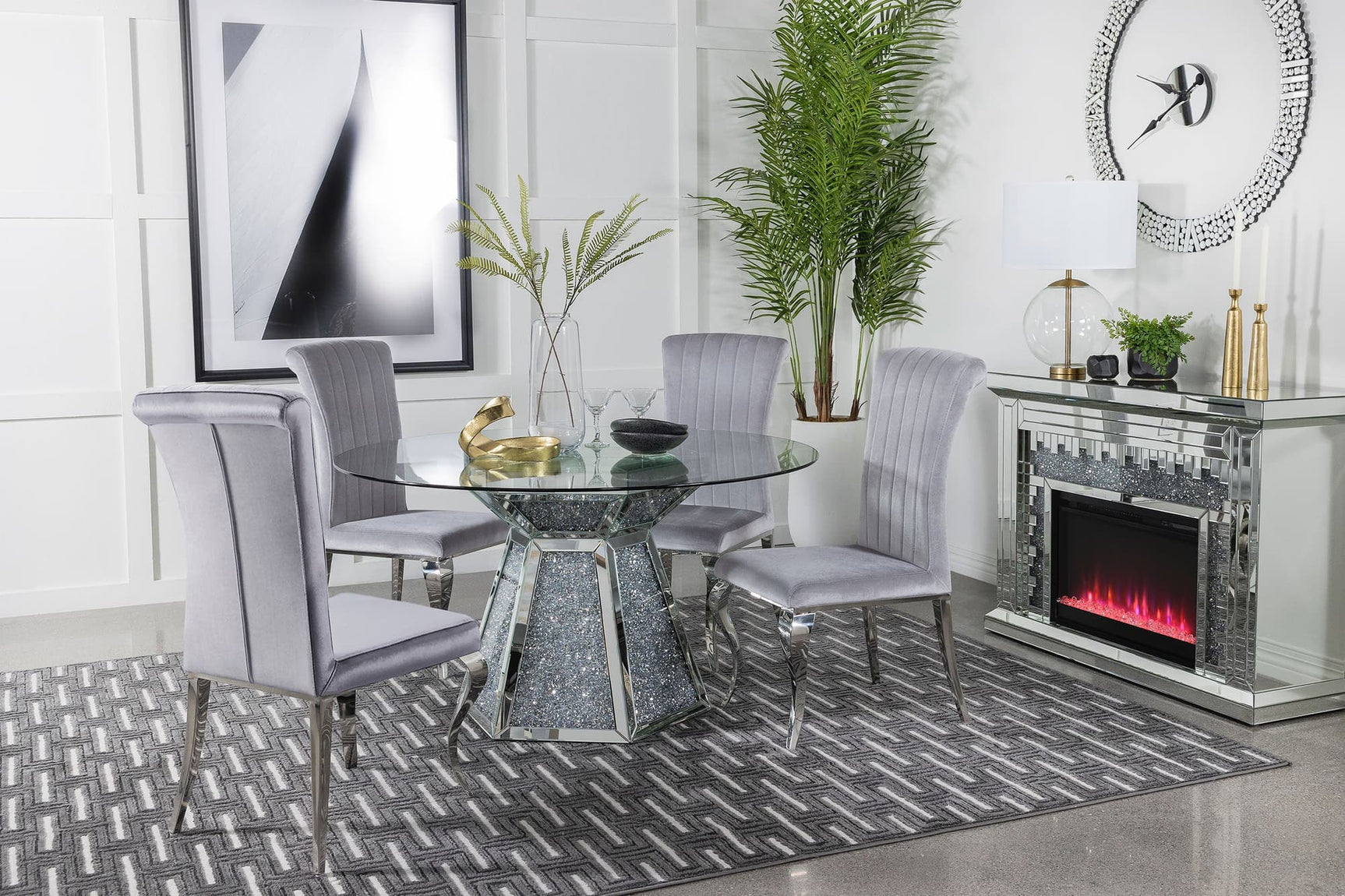 Quinn Gray Round Glass Top Mirrored Dining Room Set main view