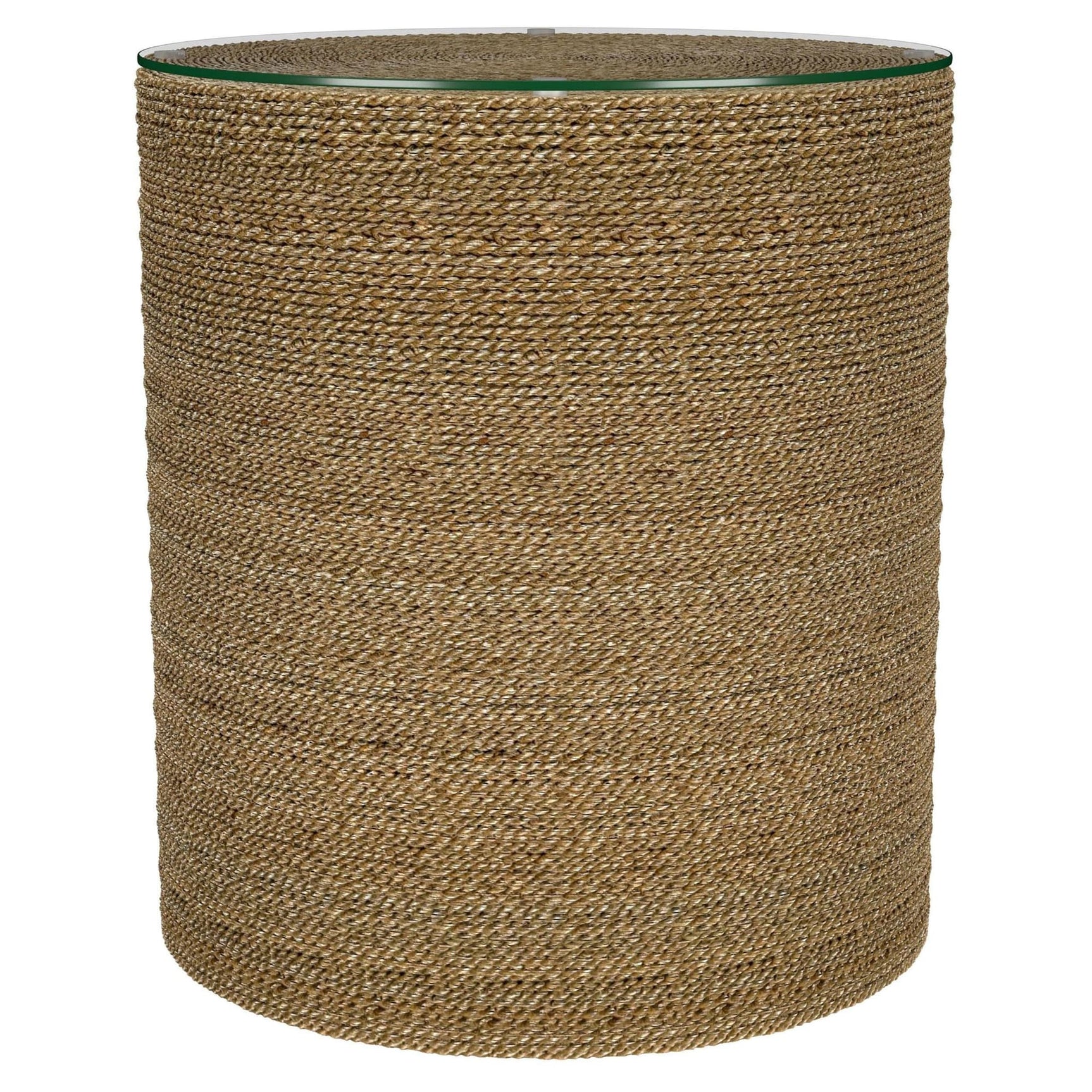 Halden Round Woven Seagrass Accent Side Table, front angle showing glass top and woven seagrass exterior