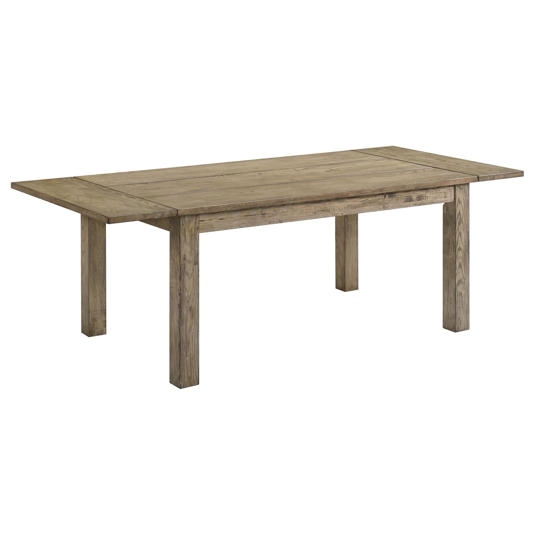 Cardova 87-inch dining table in vineyard oak, front angle with leaves extended