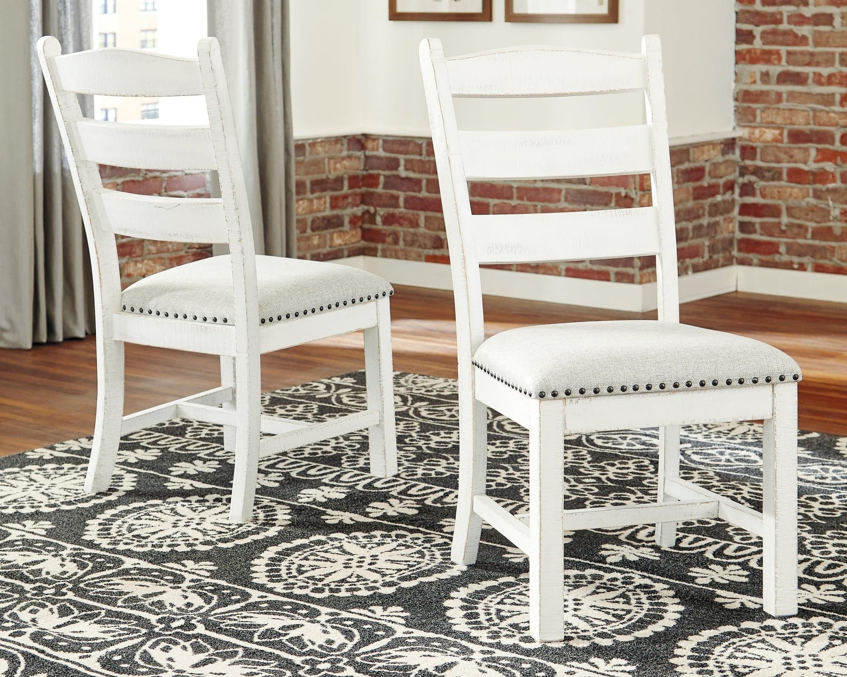 Valebeck beige and white upholstered dining chair front view