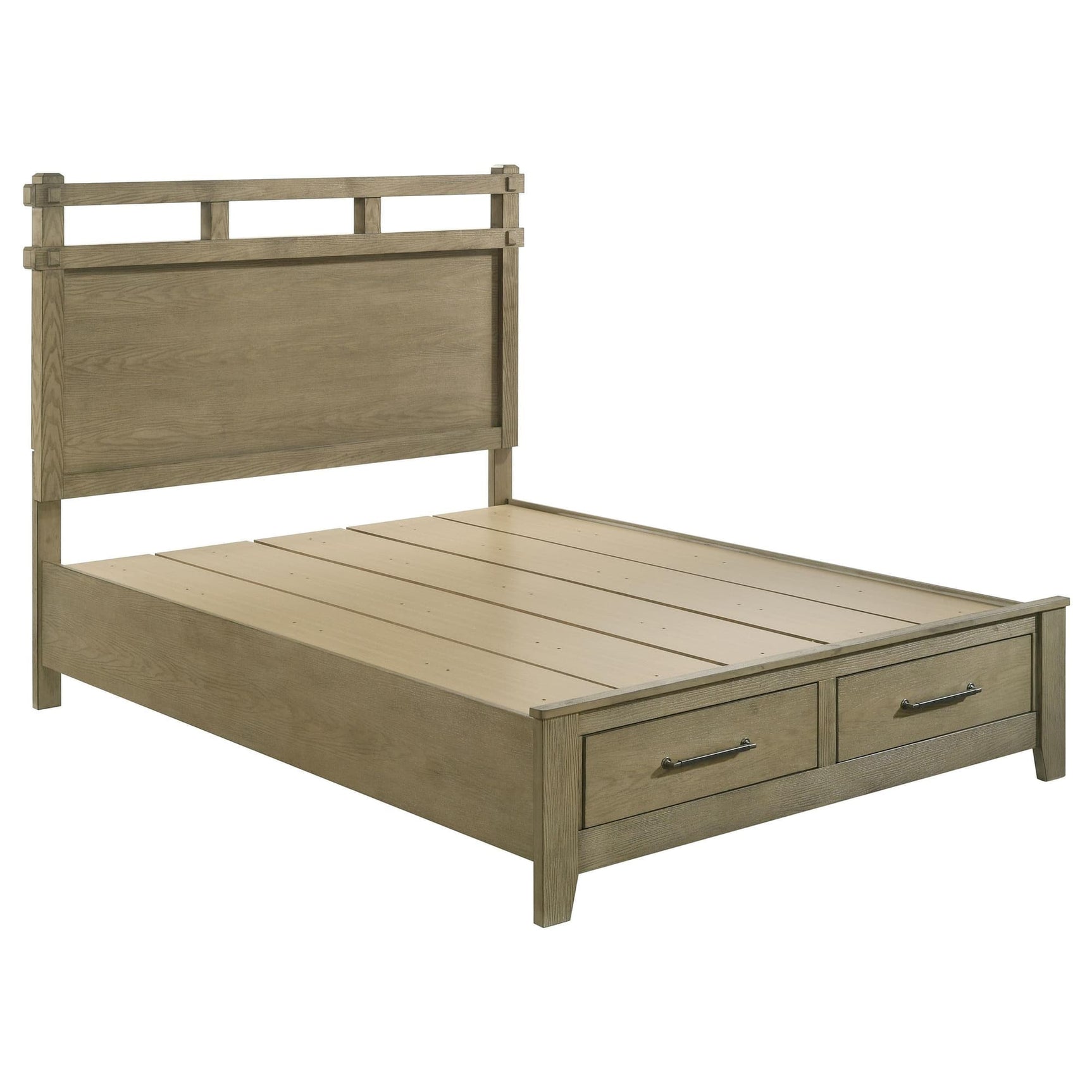 Hazlewood queen panel storage bed in vineyard oak, front angle
