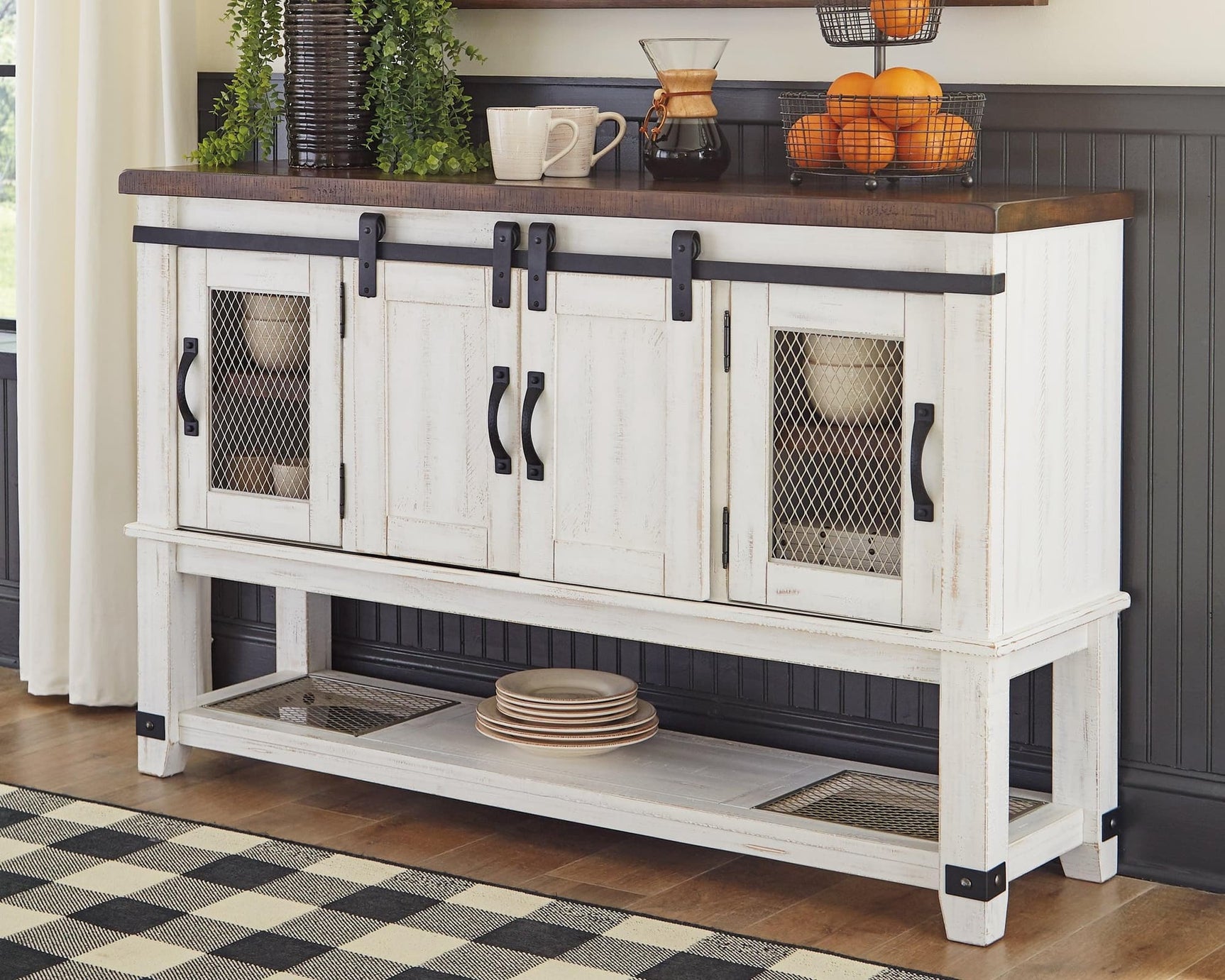 Valebeck dining server in white and brown wood finish showing front closed view