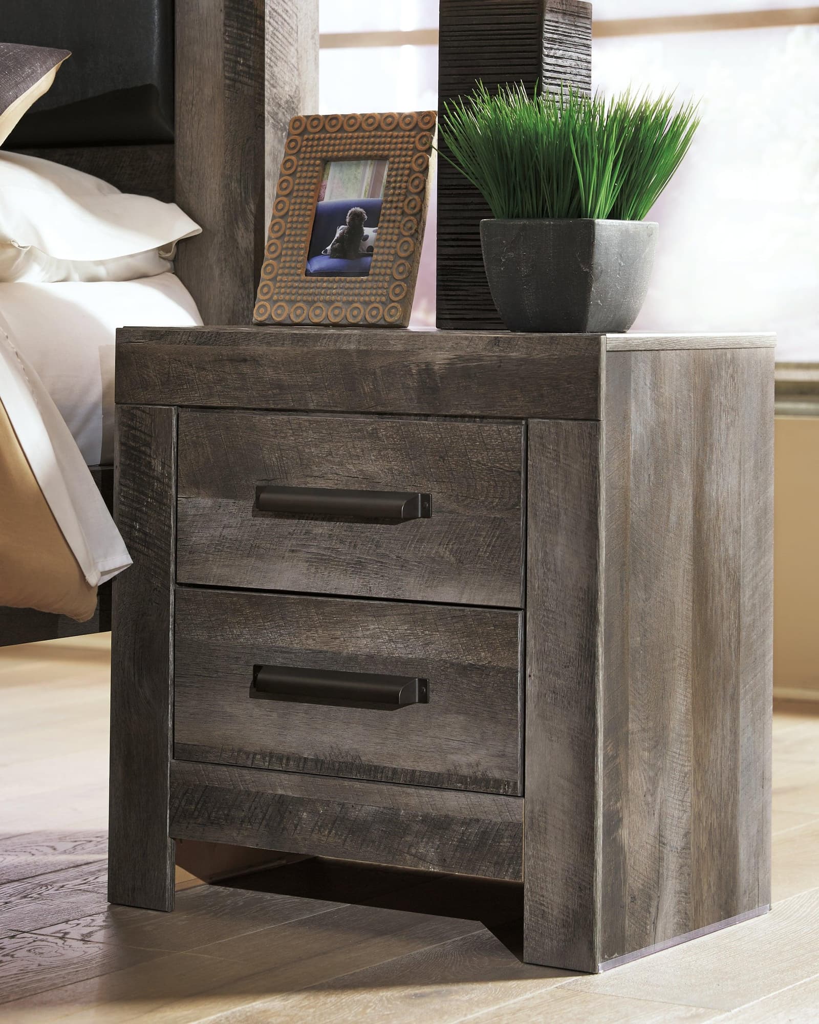 Wynnlow Gray Nightstand front view showing two drawers and bottom shelf