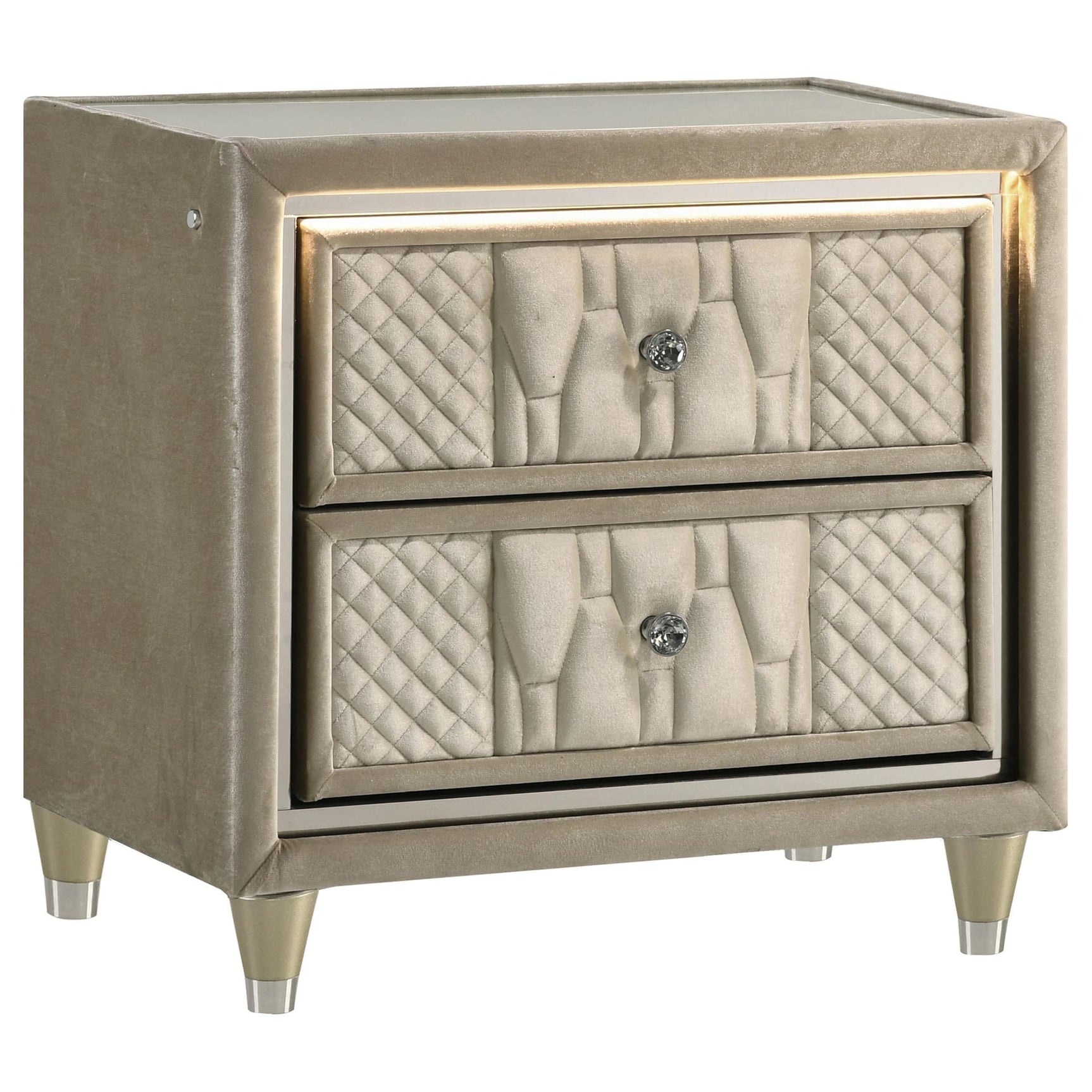 Lorient 2-drawer LED nightstand ivory and camel velvet front view