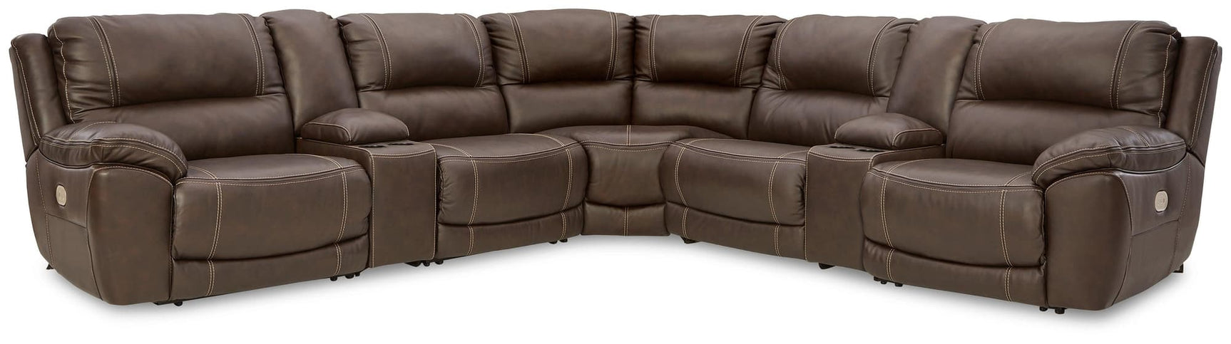 Dunleith chocolate leather 7-piece power reclining sectional sofa frontal view