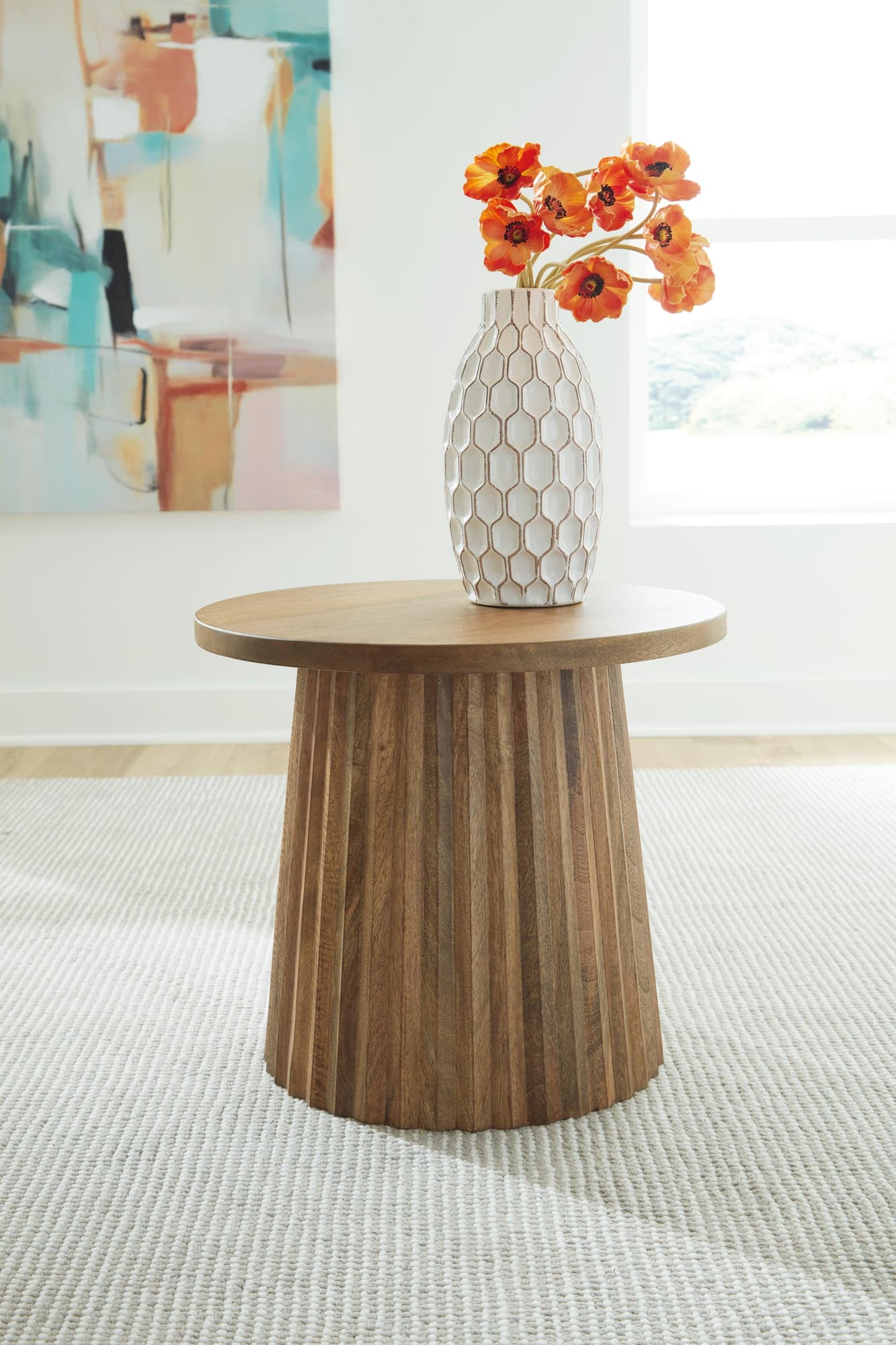 Ceilby Natural Wood Accent Table with fluted base, front angle