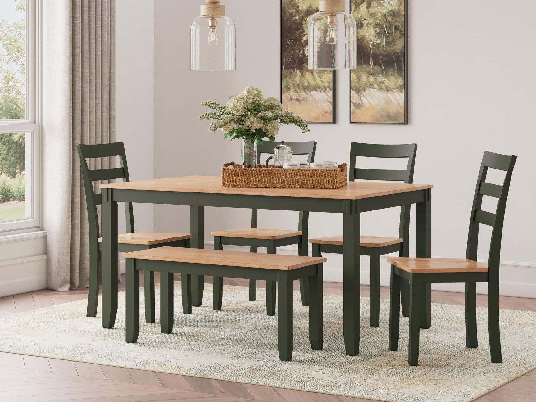 Gesthaven Natural Green rectangular dining table with 4 chairs and bench front view