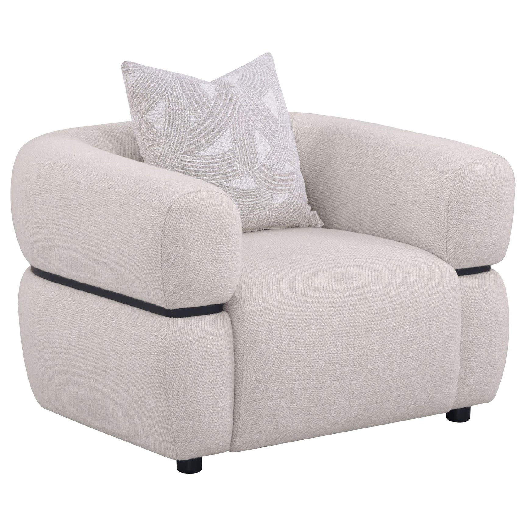 Jeanette beige fabric upholstered round arm accent chair front view