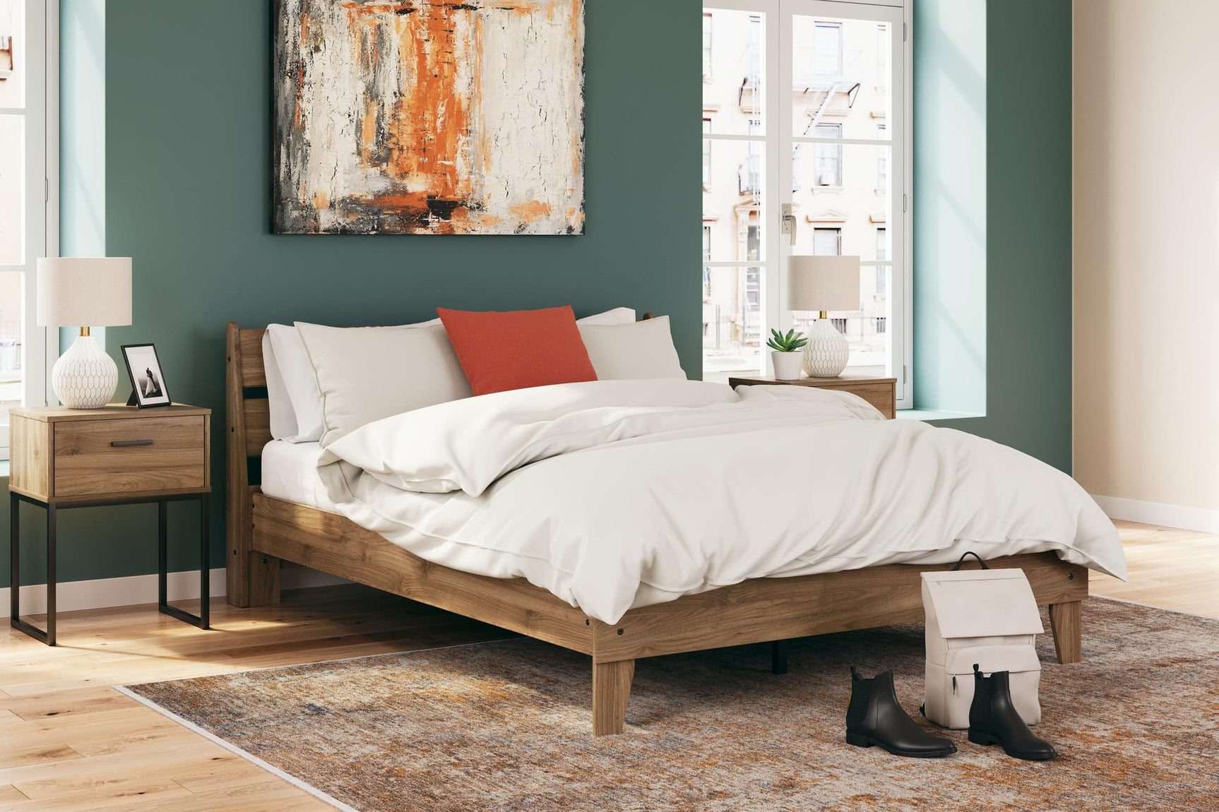 Deanlow Honey Queen Platform Panel Bed, front angle showing headboard