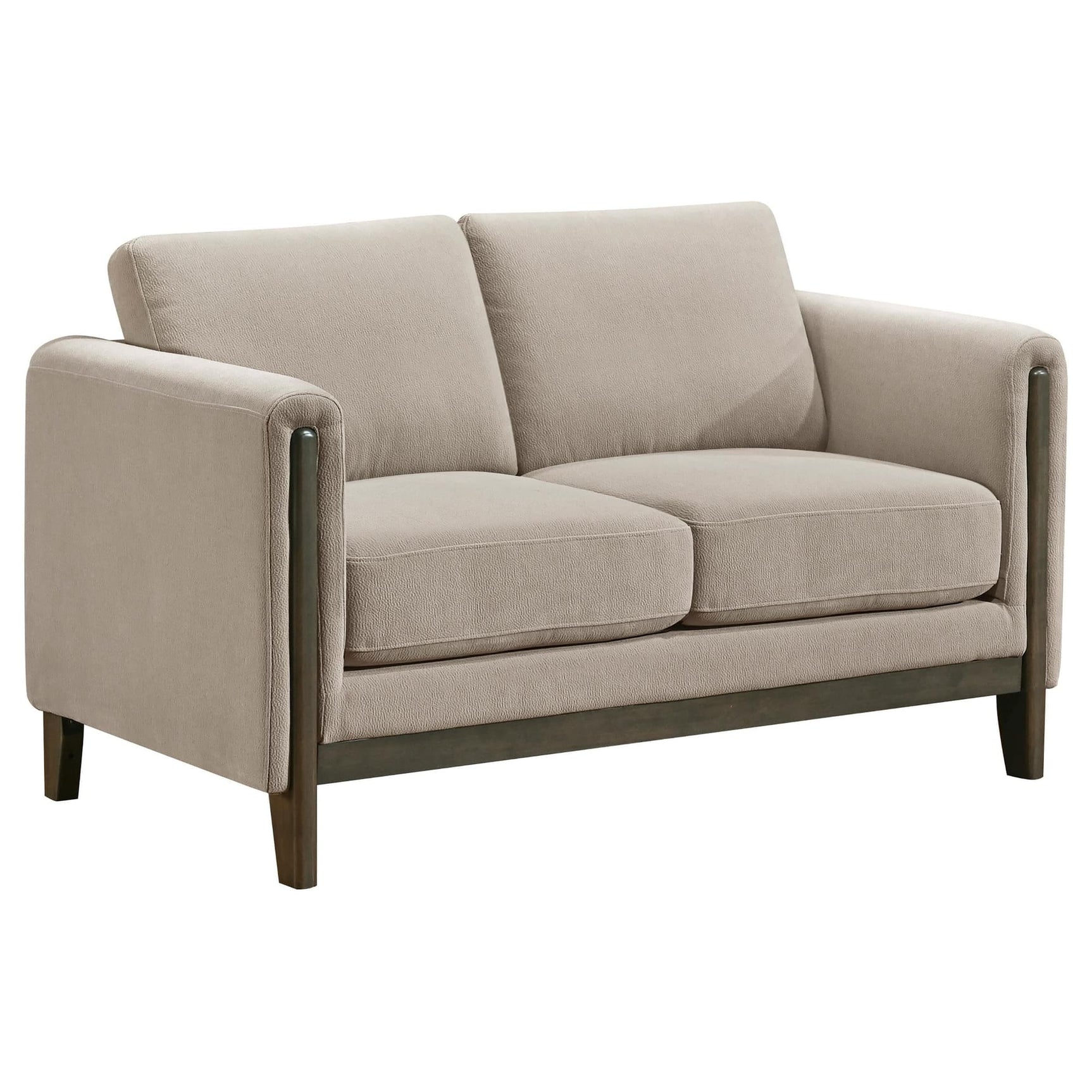 Islington taupe fabric upholstered loveseat front view