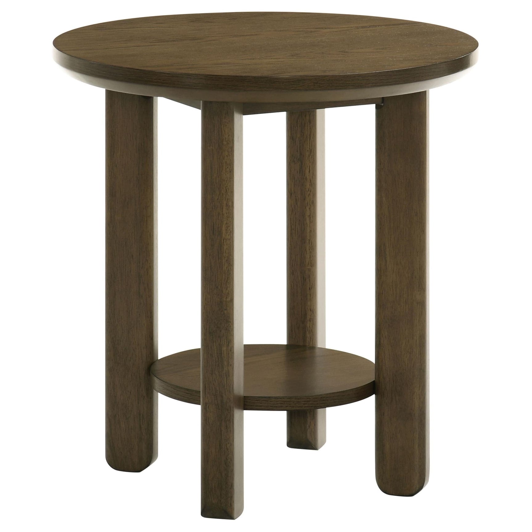 Ottowa round brown wood side table with shelf, front view