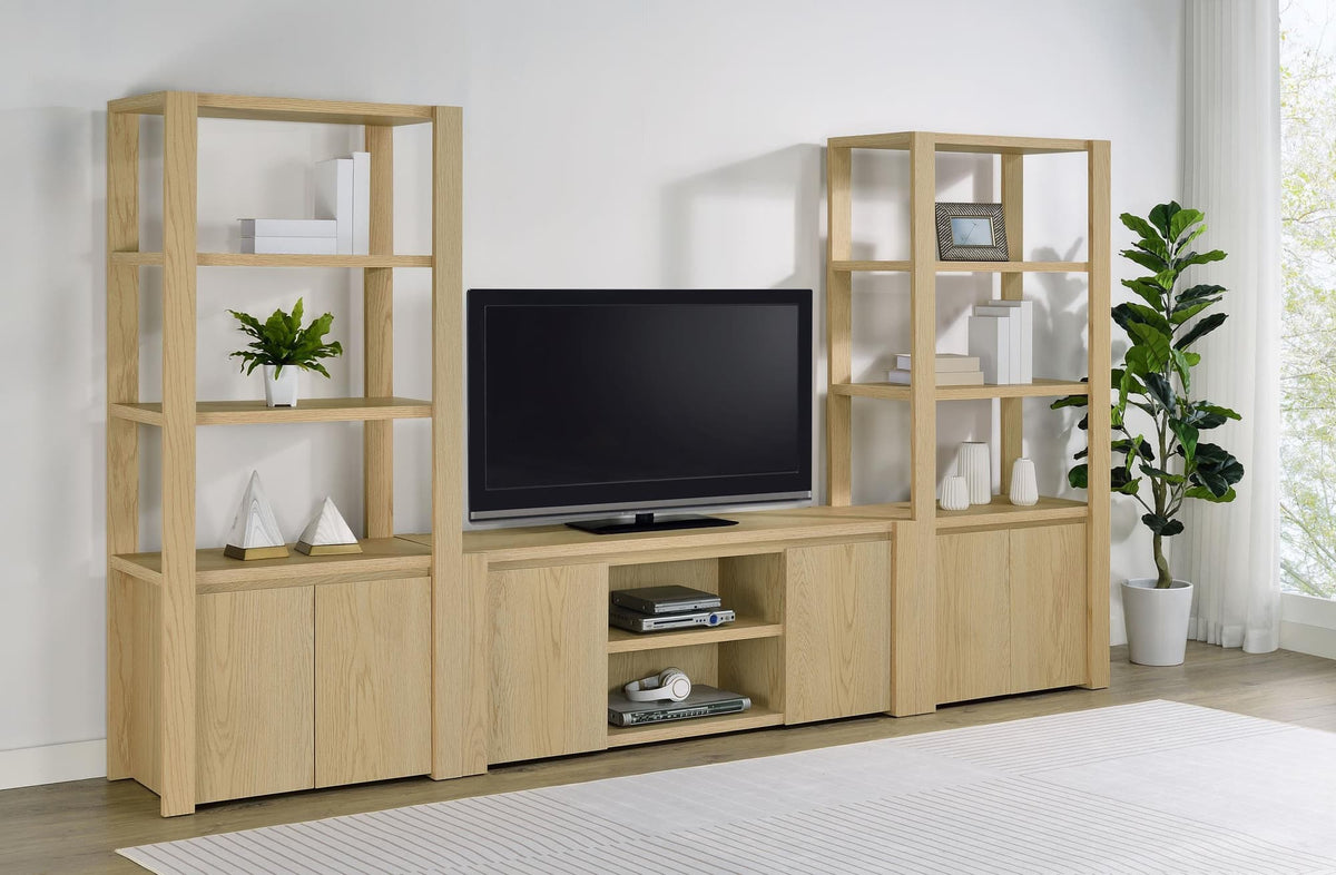 Laurelton entertainment center light oak front view with TV stand and two media towers