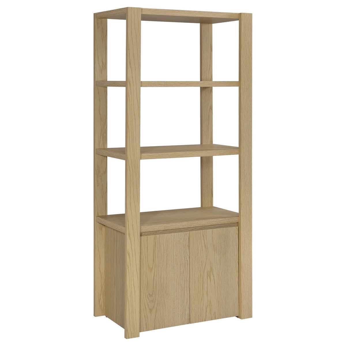 Laurelton 3-shelf tall media tower pier cabinet in light oak, front view