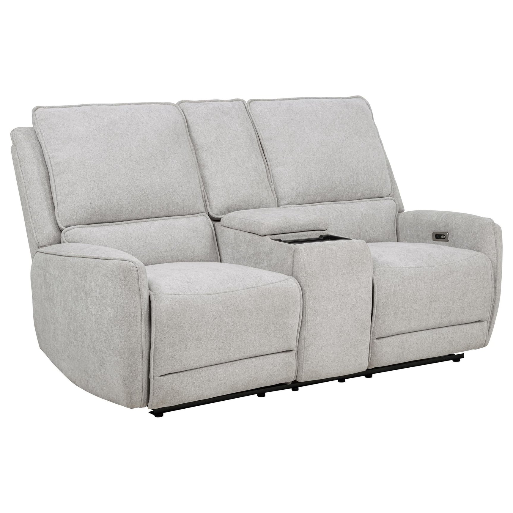 Sylmar chenille upholstered power reclining loveseat in dove grey, front view