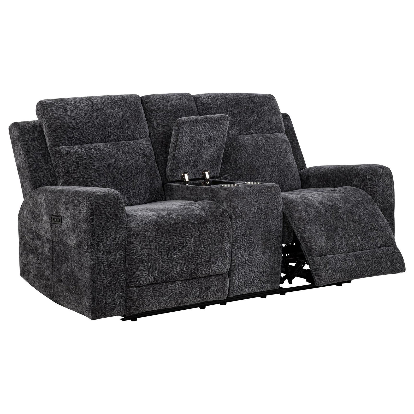 Kennett chenille power reclining loveseat in grey, front angle