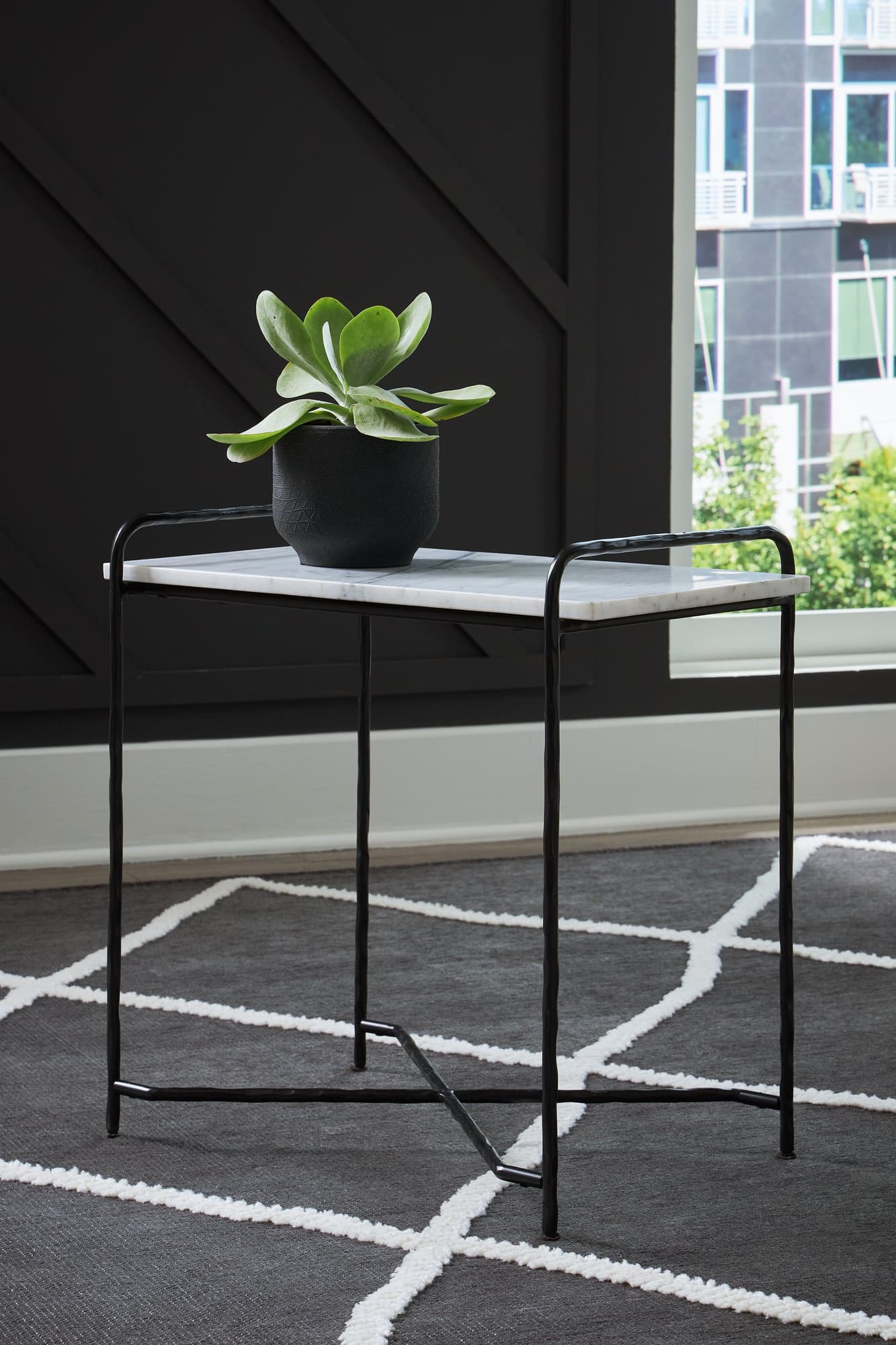 Ashber accent table with white marble top and black metal legs, front view