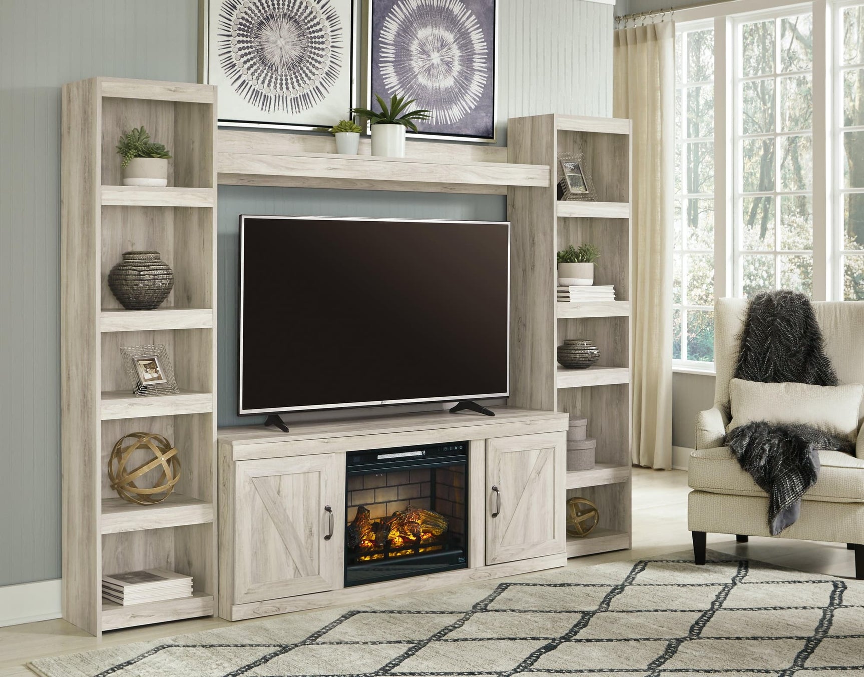 Bellaby Whitewash 4-Piece Entertainment Center with Electric Fireplace front view