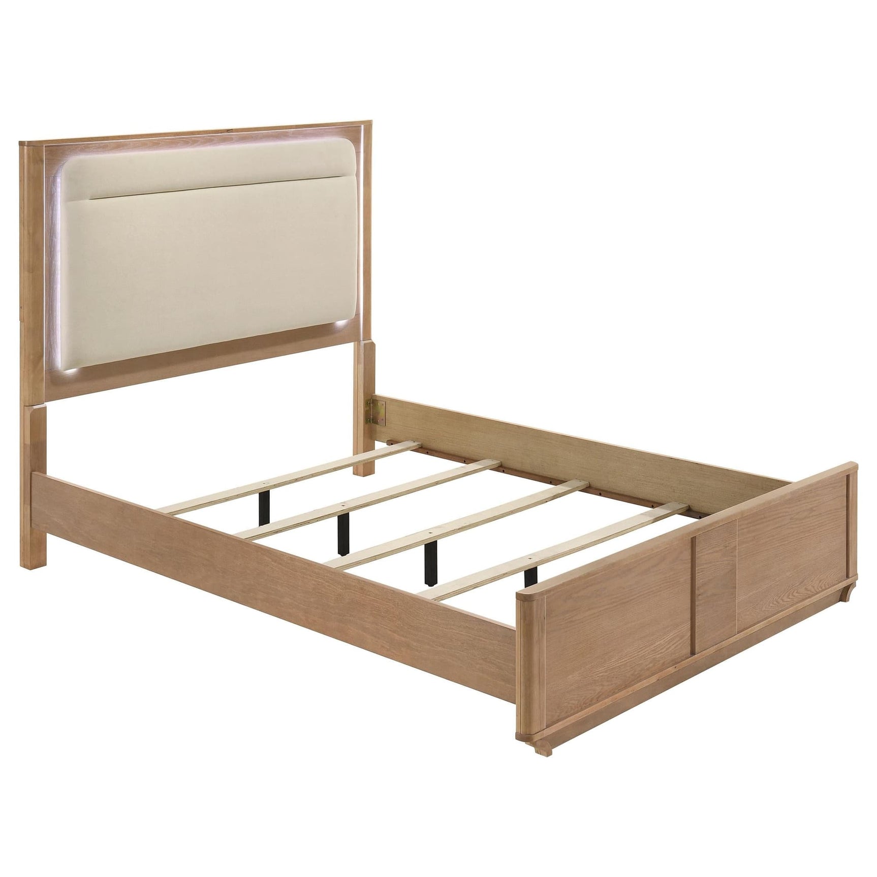 Leanne Queen LED Panel Bed off white and light oak, front view
